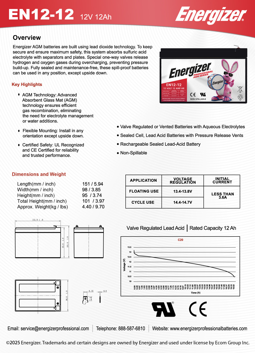 Energizer EN12-12, 12 Volt 12 Amp Hr, Long Lasting Sealed Lead Acid AGM Rechargeable Battery Ideal For Use In Backup Power, Kids Ride On, Electric Scooters, Wheelchairs, and more
