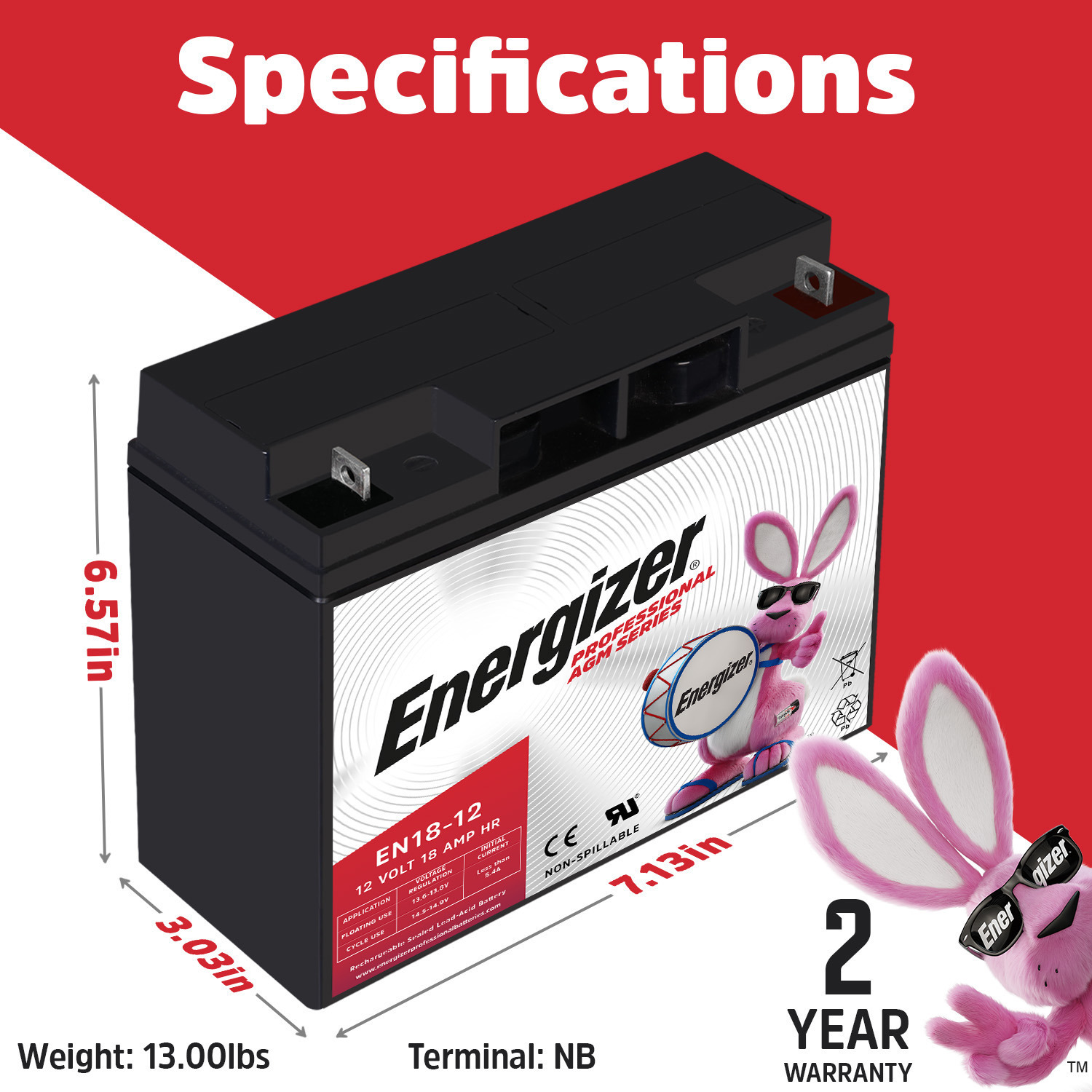 Energizer EN18-12, 12 Volt 18 Amp Hr, Long Lasting Sealed Lead Acid AGM Rechargeable Battery Ideal For Use In Wheelchairs, Electric Scooters, Generators, Backup Power, eBikes, and more