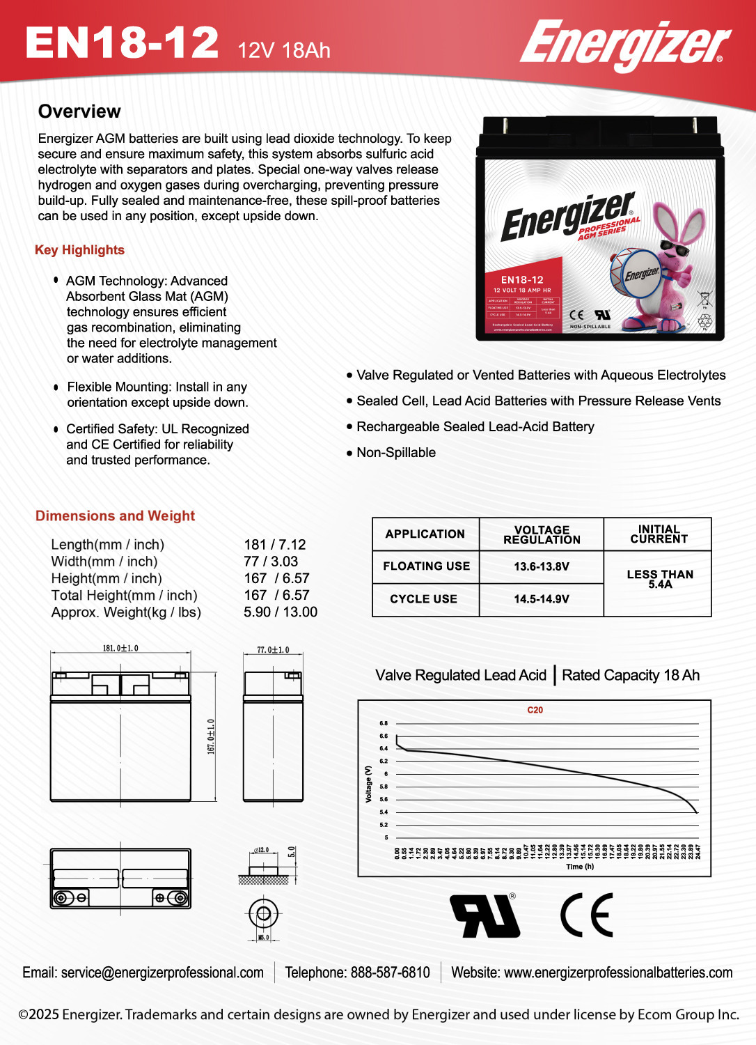 Energizer EN18-12, 12 Volt 18 Amp Hr, Long Lasting Sealed Lead Acid AGM Rechargeable Battery Ideal For Use In Wheelchairs, Electric Scooters, Generators, Backup Power, and more
