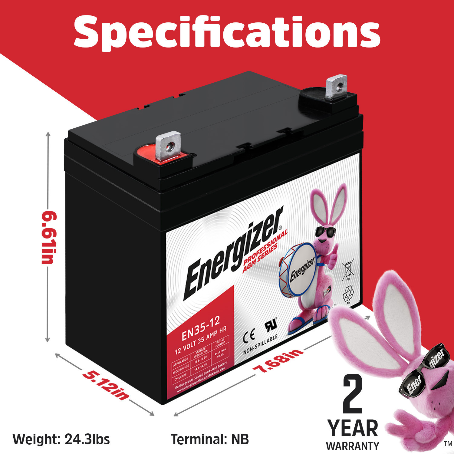 Energizer EN35-12, 12 Volt 35 Amp Hr, Long Lasting Sealed Lead Acid AGM Rechargeable Battery Ideal For Use In Wheelchairs, Electric Scooters, eBikes, Backup Power, and more