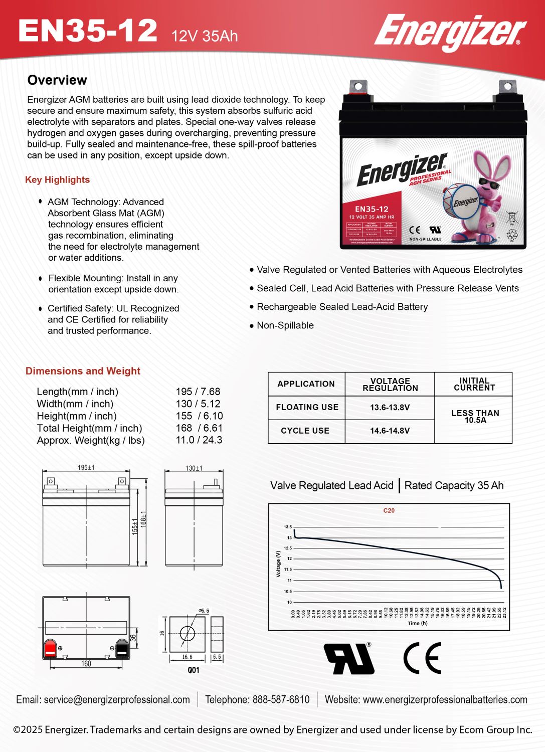 Energizer EN35-12, 12 Volt 35 Amp Hr, Long Lasting Sealed Lead Acid AGM Rechargeable Battery Ideal For Use In Wheelchairs, Electric Scooters, Backup Power, and more