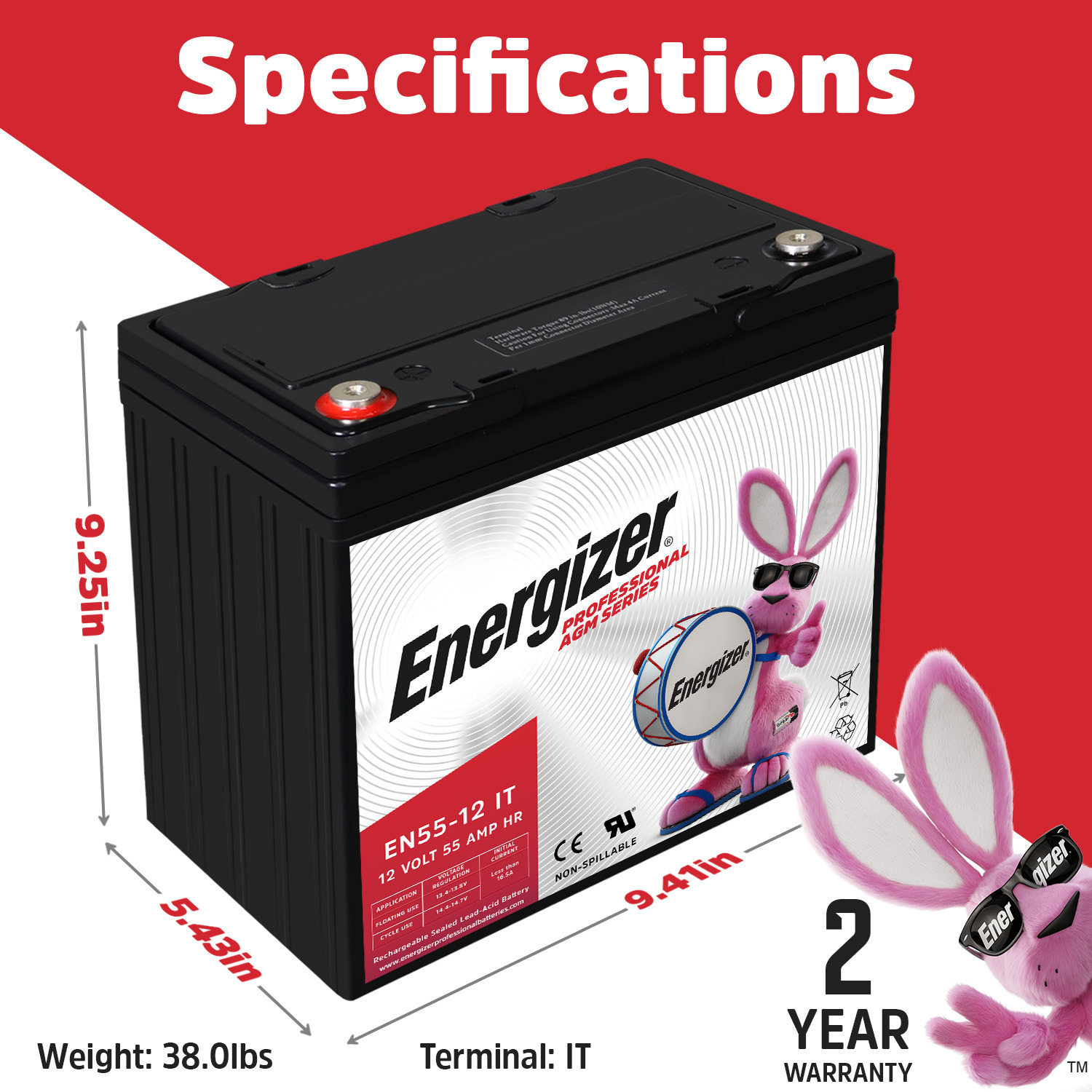 Energizer EN55-12IT, 12 Volt 55 Amp Hr, Long Lasting Sealed Lead Acid AGM Rechargeable Battery Ideal For Use In Electric Scooters, Wheelchairs, Emergency Lighting, Backup Power, and more