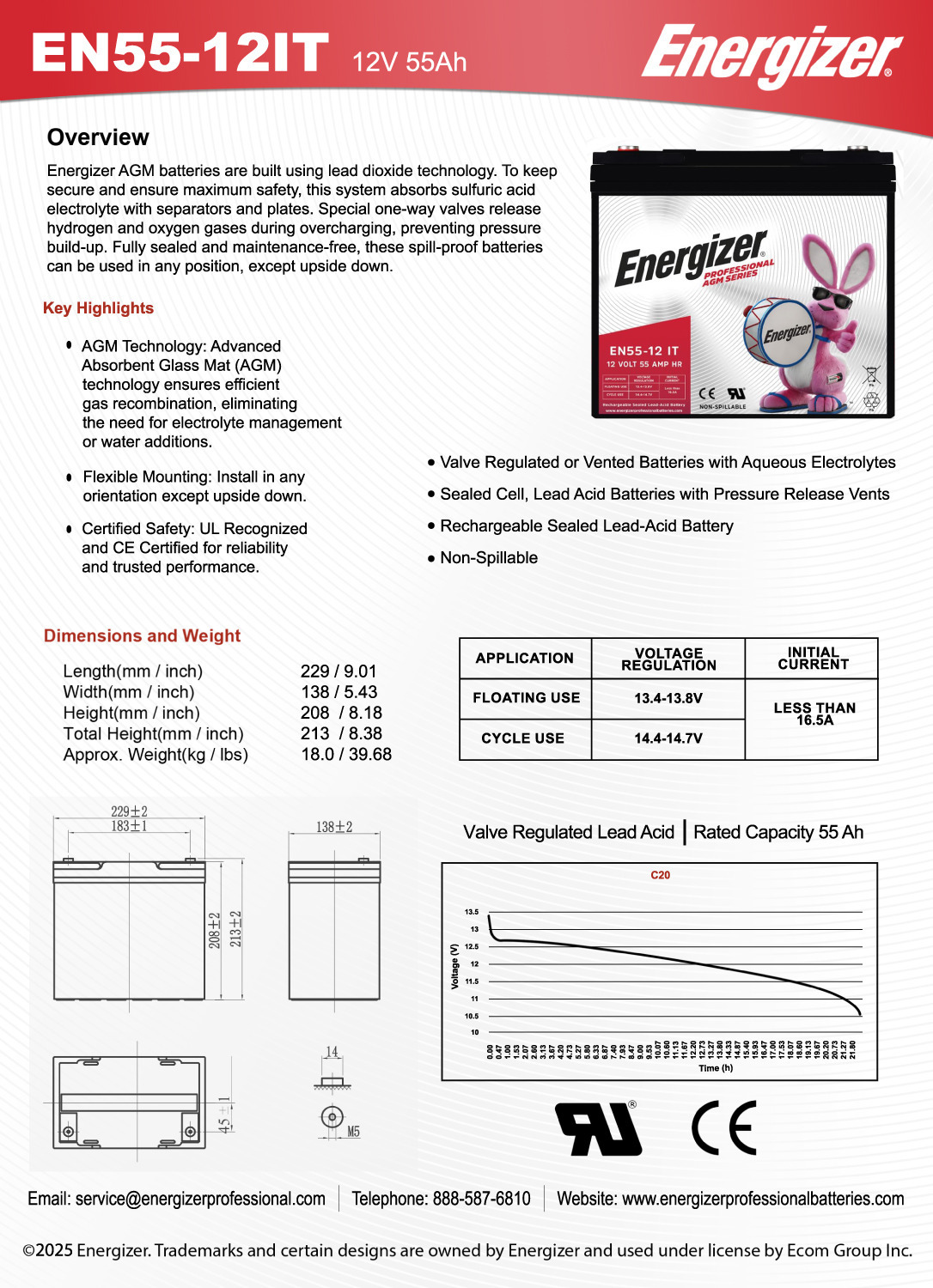 Energizer EN55-12IT, 12 Volt 55 Amp Hr, Long Lasting Sealed Lead Acid AGM Rechargeable Battery Ideal For Use In Electric Scooters, Wheelchairs, Emergency Lighting, Backup Power, and more