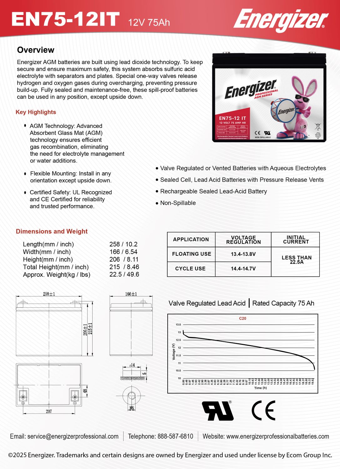 Energizer EN75-12IT, 12 Volt 75 Amp Hr, Long Lasting Sealed Lead Acid AGM Rechargeable Battery Ideal For Use In Wheelchairs, Electric Scooters, Sump Pumps, and more