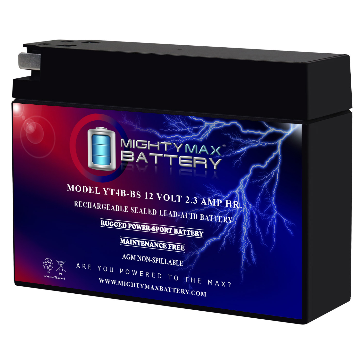 YT4B-BS - 12 Volt 2.3 AH, 25 CCA, Rechargeable Maintenance Free SLA AGM Motorcycle Battery