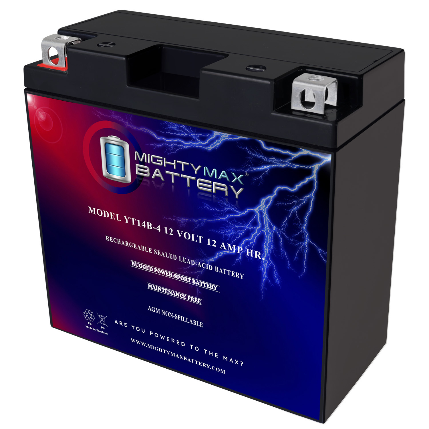 YT14B-4 - 12 Volt 12 AH, 115 CCA, Rechargeable Maintenance Free SLA AGM Motorcycle Battery