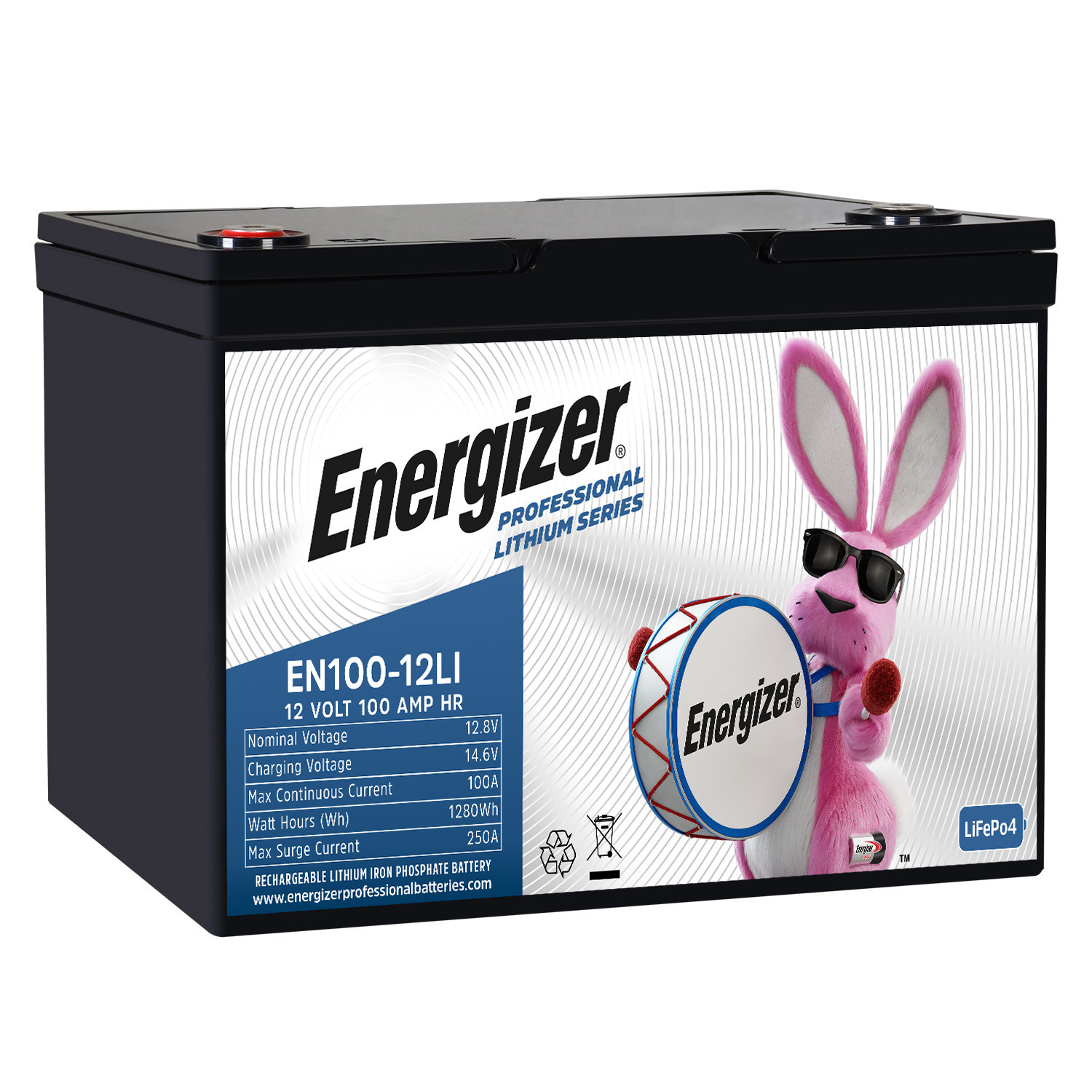 Energizer EN100-12LI 12V 100Ah LiFePO4 Lithium Long Lasting Lightweight Rechargeable Battery with BMS Protection, Ideal For Use In Wheelchairs, Electric Scooters, Sump Pumps, Solar, RV, and more