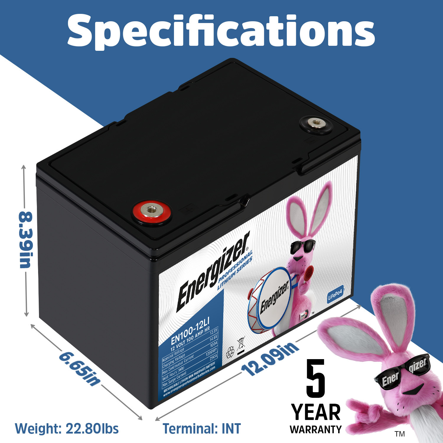 Energizer EN100-12LI 12V 100Ah LiFePO4 Lithium Long Lasting Lightweight Rechargeable Battery with BMS Protection, Ideal For Use In Wheelchairs, Electric Scooters, Sump Pumps, Solar, RV, and more