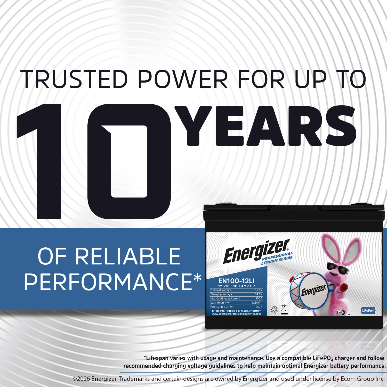 Energizer EN100-12LI 12V 100Ah LiFePO4 Lithium Long Lasting Lightweight Rechargeable Battery with BMS Protection, Ideal For Use In Wheelchairs, Electric Scooters, Sump Pumps, Solar, RV, and more