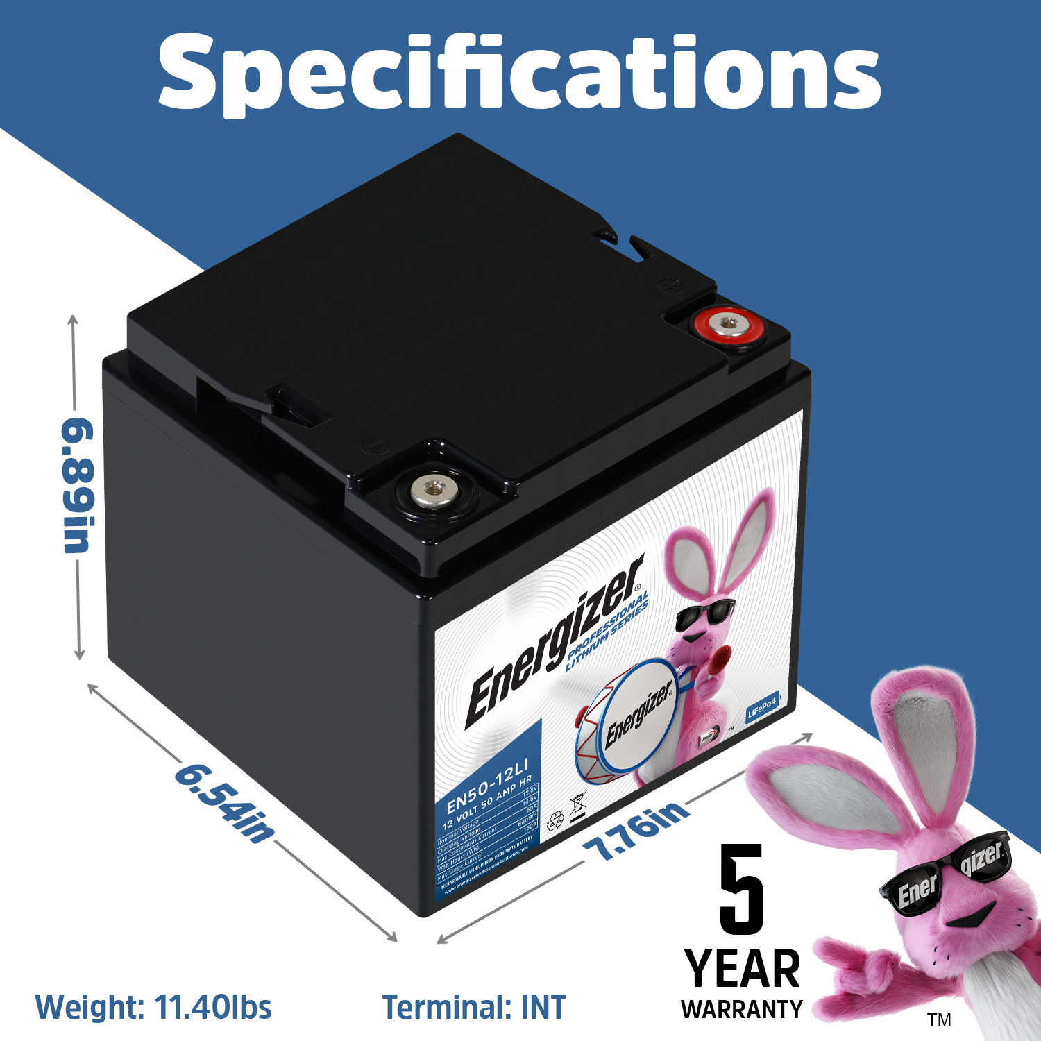 Energizer EN50-12LI 12V 50Ah LiFePO4 Lithium Long Lasting Lightweight, Rechargeable Battery with BMS Protection, Ideal For Use In Wheelchair, Electric Scooters, Emergency Lighting, and more