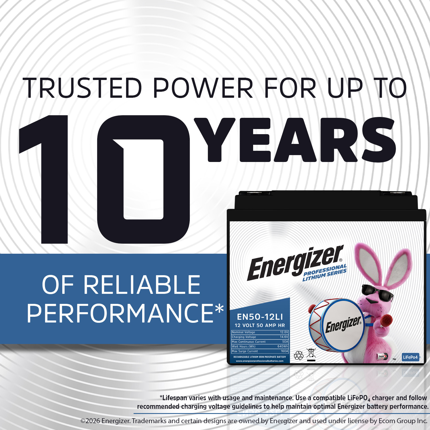 Energizer EN50-12LI 12V 50Ah LiFePO4 Lithium Long Lasting Lightweight, Rechargeable Battery with BMS Protection, Ideal For Use In Wheelchair, Electric Scooters, Emergency Lighting, and more