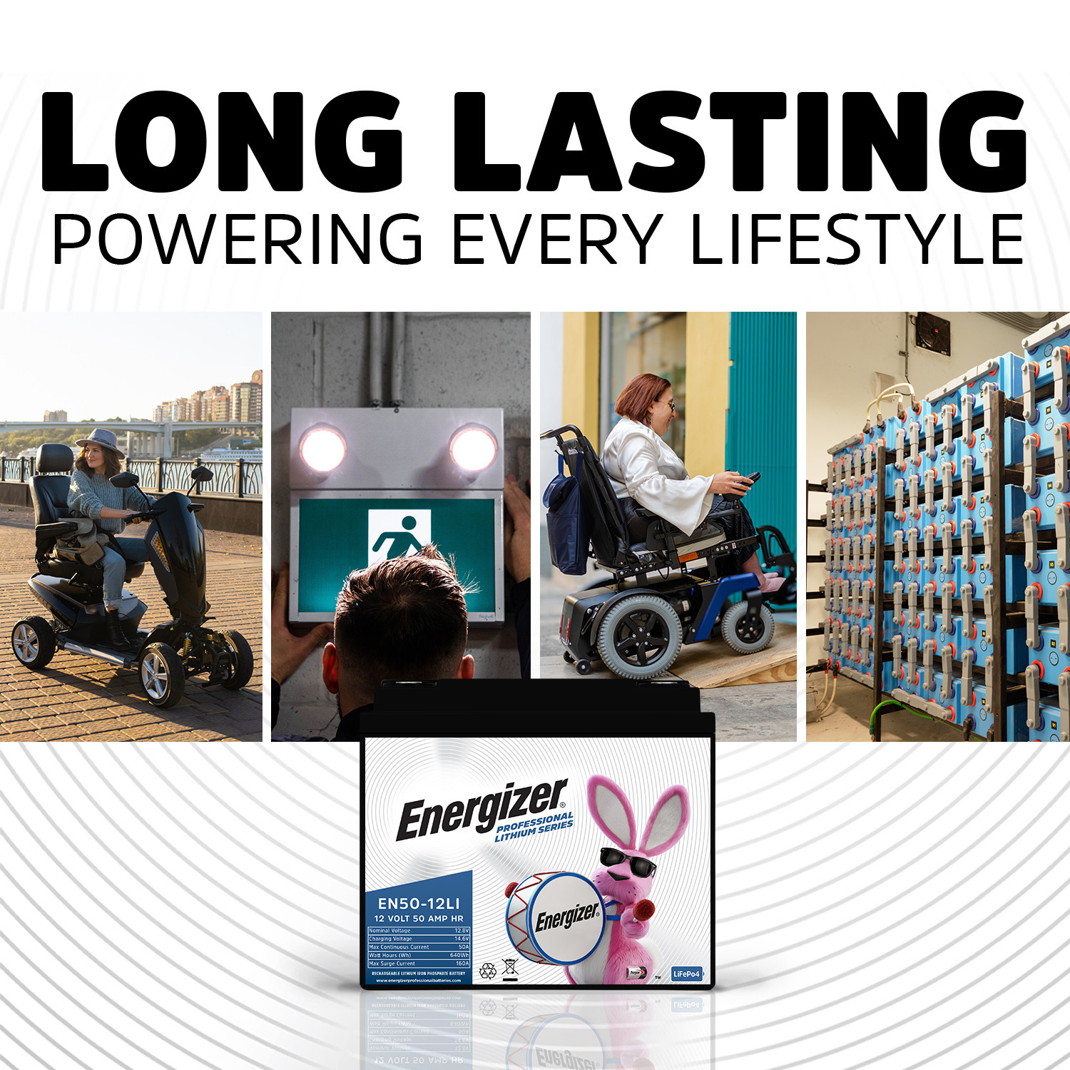 Energizer EN50-12LI 12V 50Ah LiFePO4 Lithium Long Lasting Lightweight, Rechargeable Battery with BMS Protection, Ideal For Use In Wheelchair, Electric Scooters, Emergency Lighting, and more