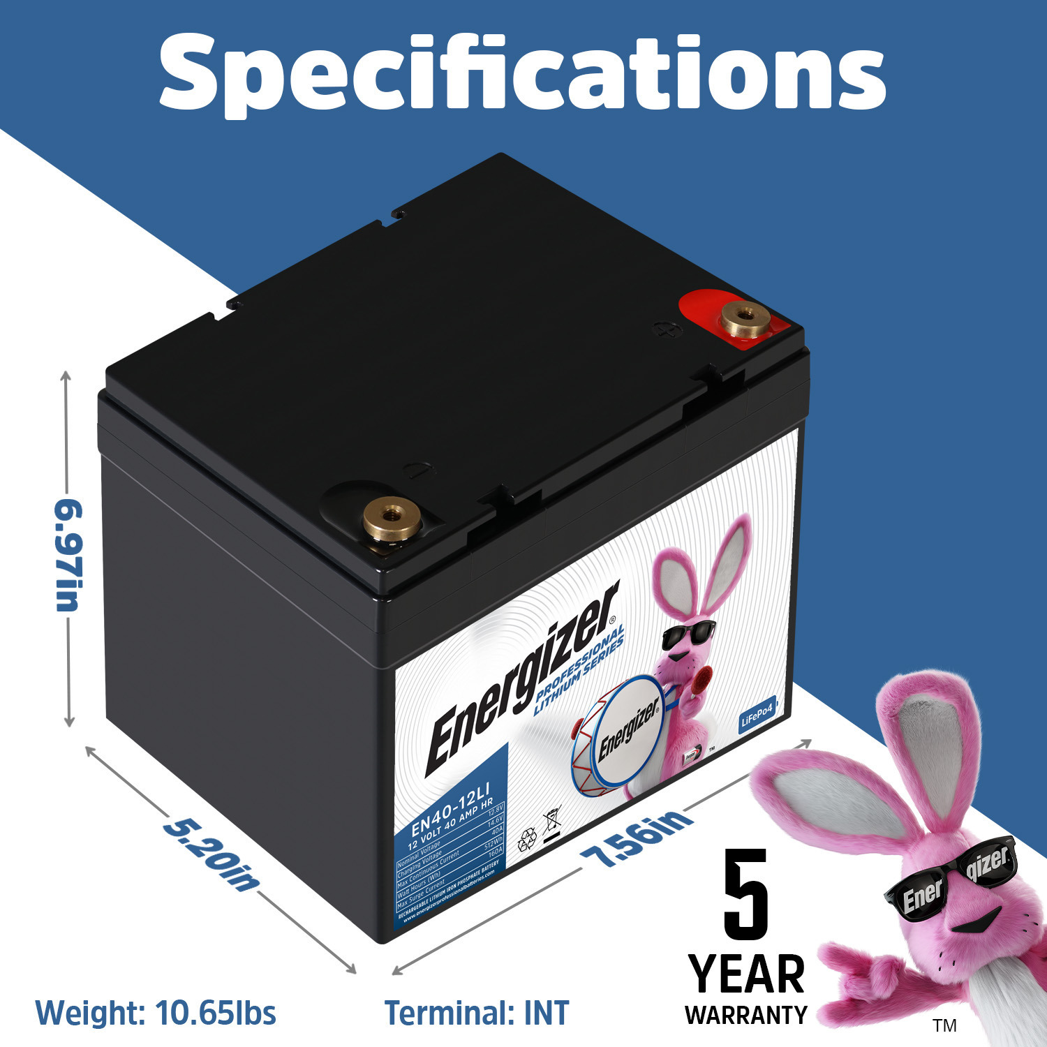Energizer EN40-12LI 12V 40Ah LiFePO4 Lithium Long Lasting Lightweight, Rechargeable Battery with BMS Protection, Ideal For Use In Wheelchairs, e-Bikes, Back-up Power, Electric Scooters, and more