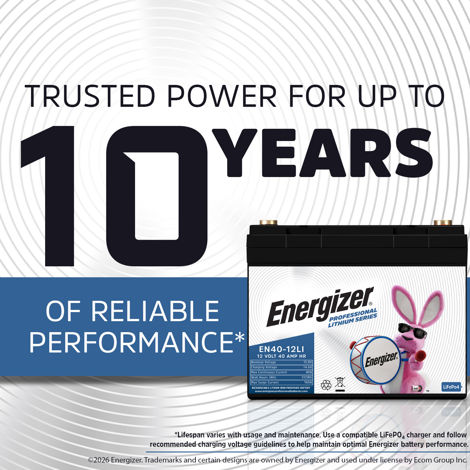 Energizer EN40-12LI 12V 40Ah LiFePO4 Lithium Long Lasting Lightweight, Rechargeable Battery with BMS Protection, Ideal For Use In Wheelchairs, e-Bikes, Back-up Power, Electric Scooters, and more