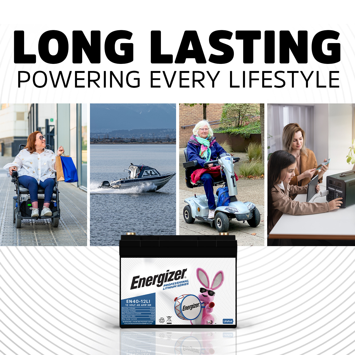 Energizer EN40-12LI 12V 40Ah LiFePO4 Lithium Long Lasting Lightweight, Rechargeable Battery with BMS Protection, Ideal For Use In Wheelchairs, e-Bikes, Back-up Power, Electric Scooters, and more