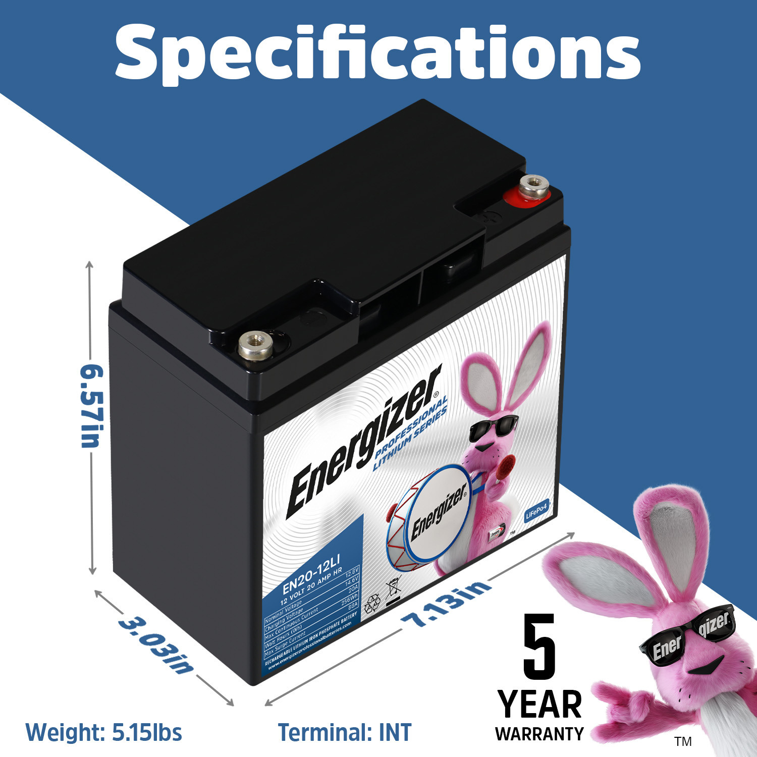 Energizer EN20-12LI 12V 20Ah LiFePO4 Lithium Long Lasting, Rechargeable Battery w/ BMS Protection, For Electric Scooters, E-Bikes, Wheelchairs, Generators, Alarm Panels & Backup Power