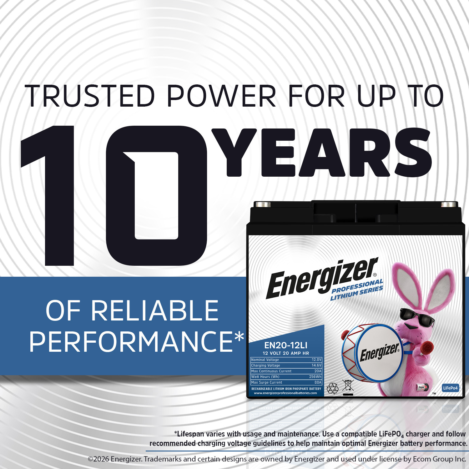 Energizer EN20-12LI 12V 20Ah LiFePO4 Lithium Long Lasting, Rechargeable Battery w/ BMS Protection, For Electric Scooters, E-Bikes, Wheelchairs, Generators, Alarm Panels & Backup Power
