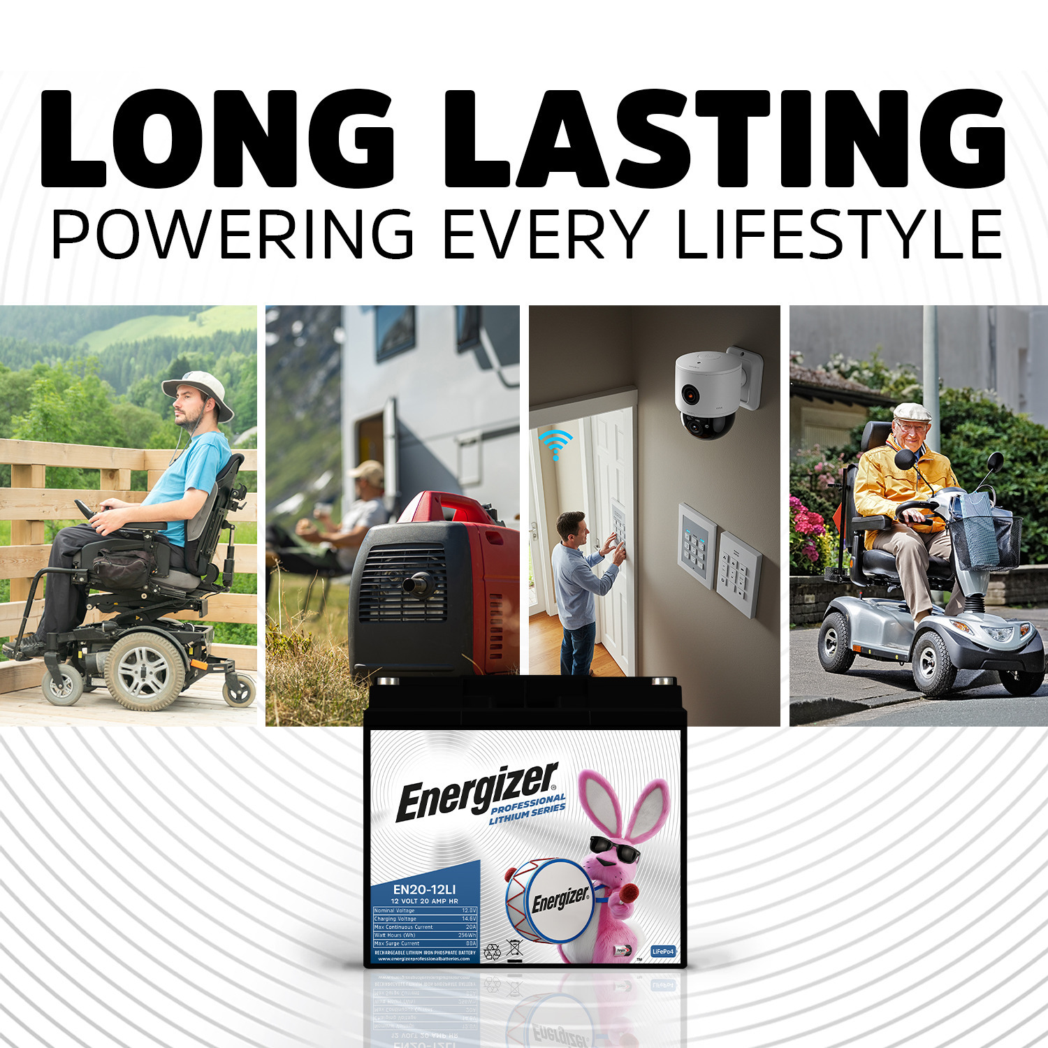 Energizer EN20-12LI 12V 20Ah LiFePO4 Lithium Long Lasting, Rechargeable Battery w/ BMS Protection, For Electric Scooters, E-Bikes, Wheelchairs, Generators, Alarm Panels & Backup Power