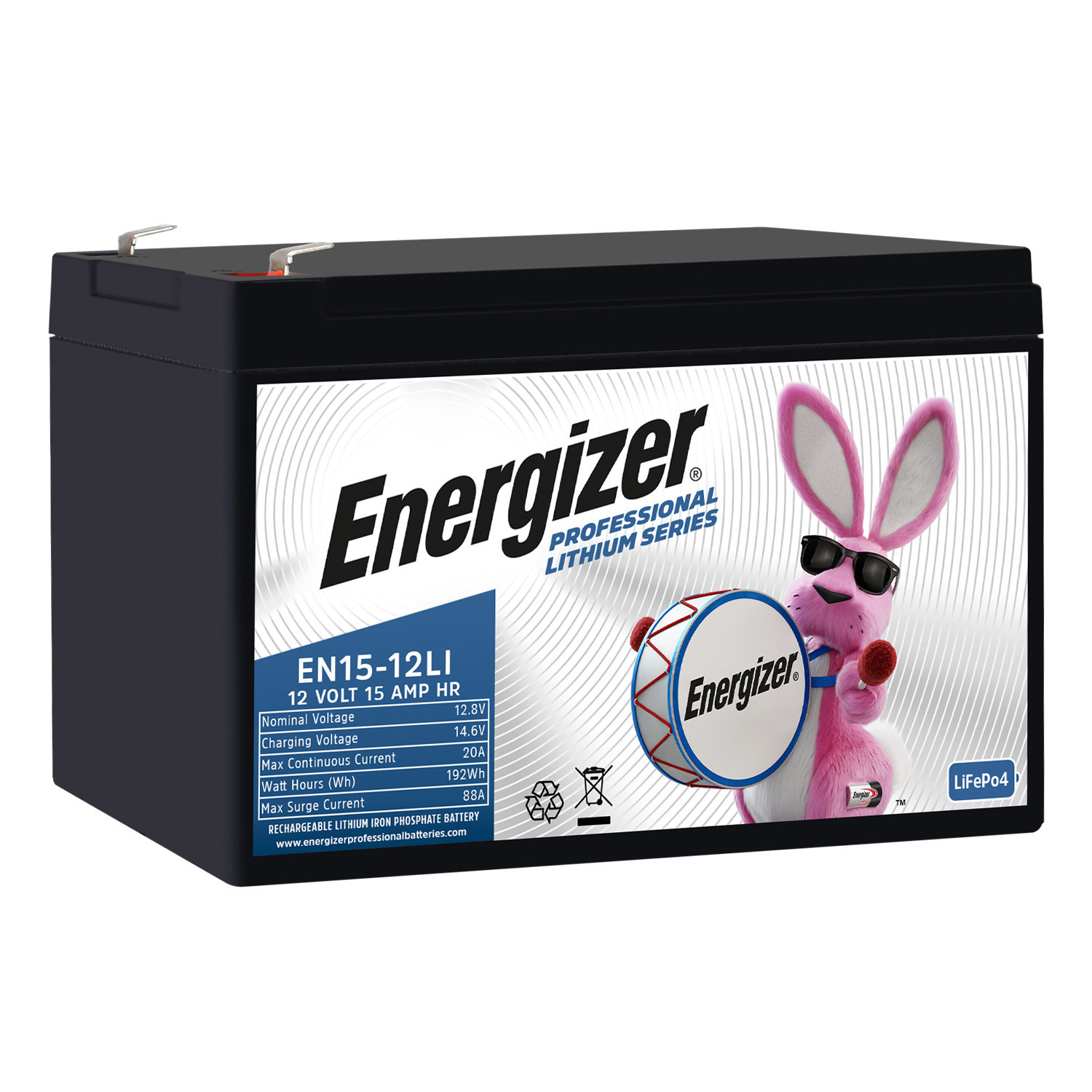 Energizer EN15-12LI 12V 15Ah LiFePO4 Lithium Long Lasting Lightweight, Rechargeable Battery with BMS Protection, Ideal For Use In Backup Power, Kids Ride On, Electric Scooters, Wheelchairs, and more 