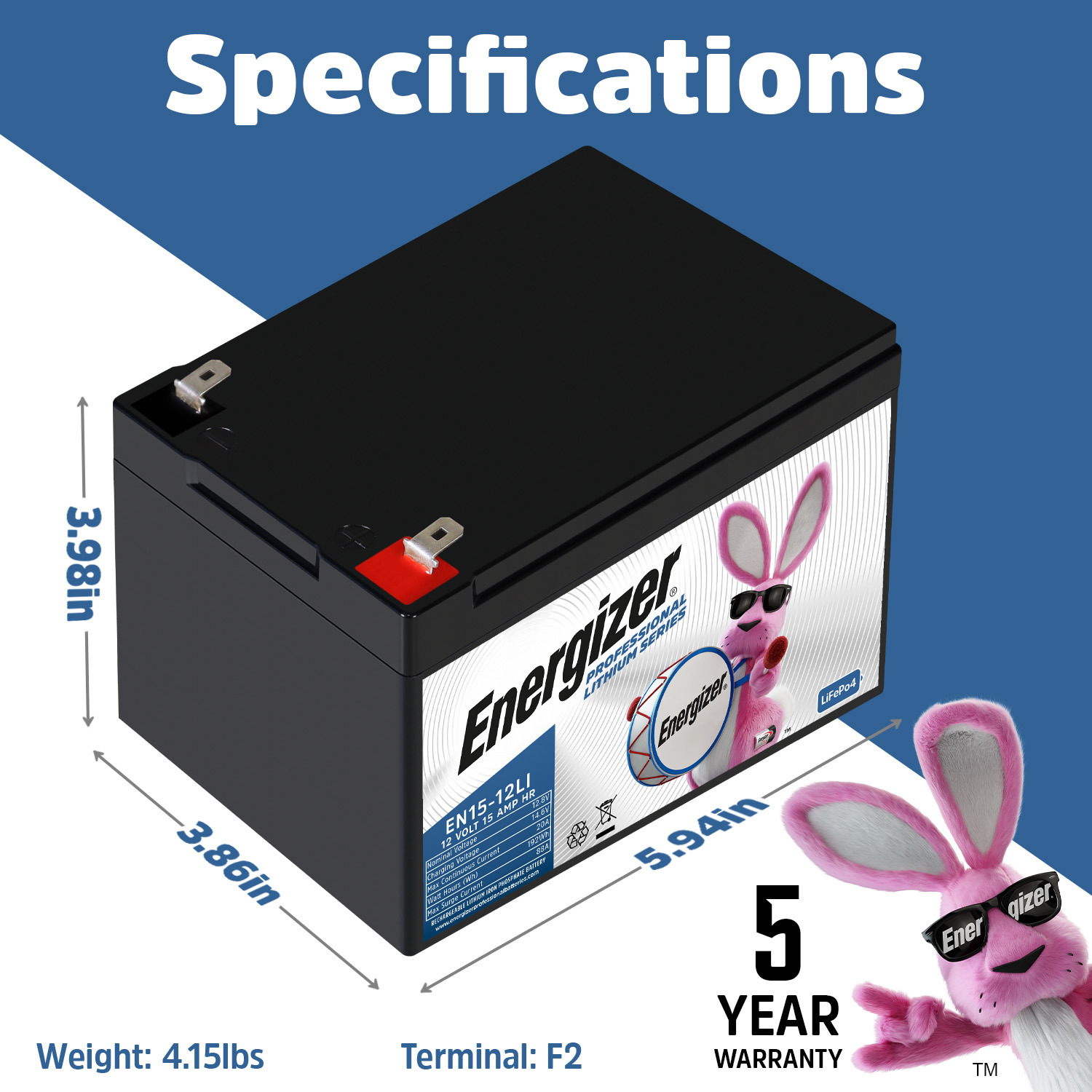Energizer EN15-12LI 12V 15Ah LiFePO4 Lithium Long Lasting Lightweight, Rechargeable Battery with BMS Protection, Ideal For Use In Backup Power, Kids Ride On, Electric Scooters, Wheelchairs, and more 
