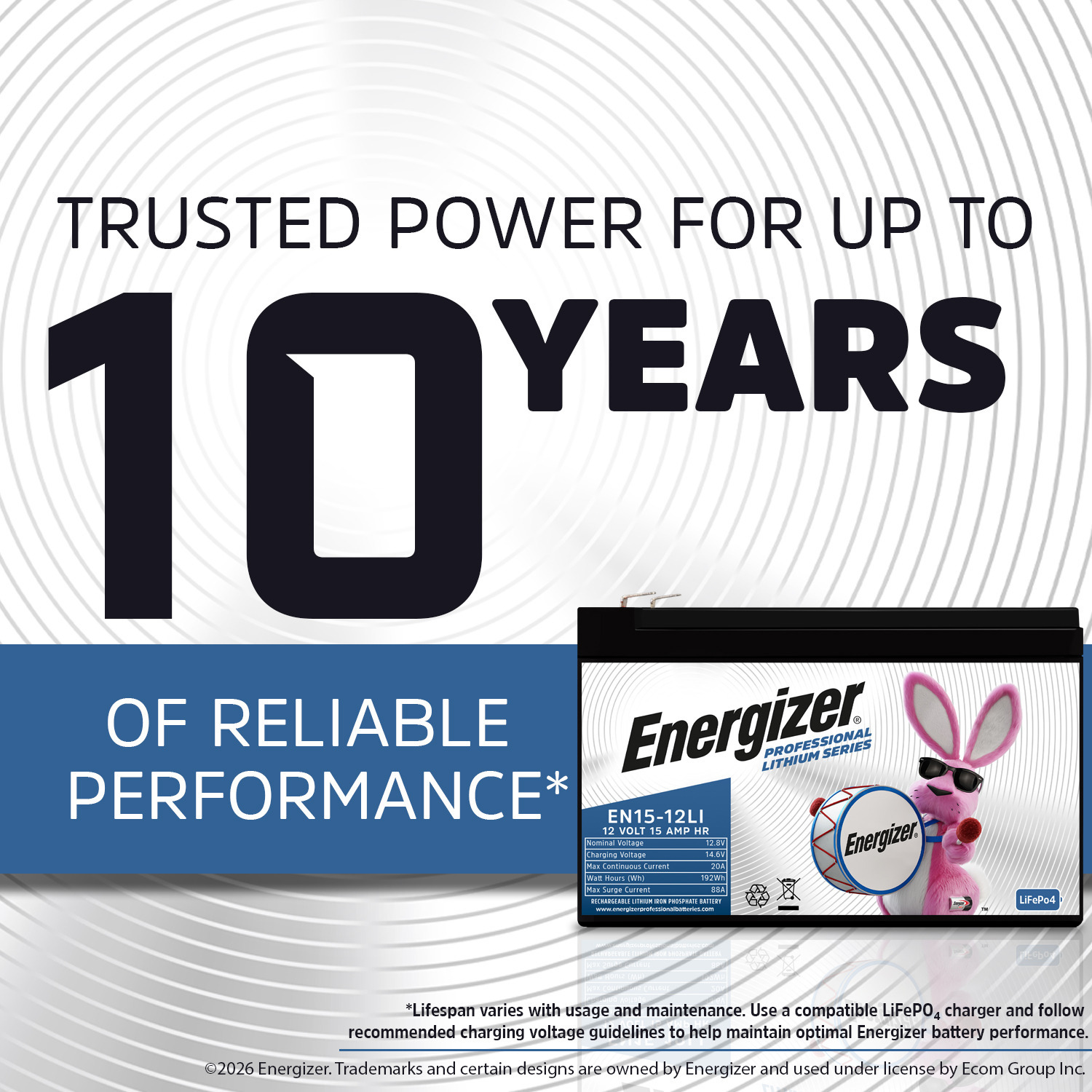 Energizer EN15-12LI 12V 15Ah LiFePO4 Lithium Long Lasting Lightweight, Rechargeable Battery with BMS Protection, Ideal For Use In Backup Power, Kids Ride On, Electric Scooters, Wheelchairs, and more 