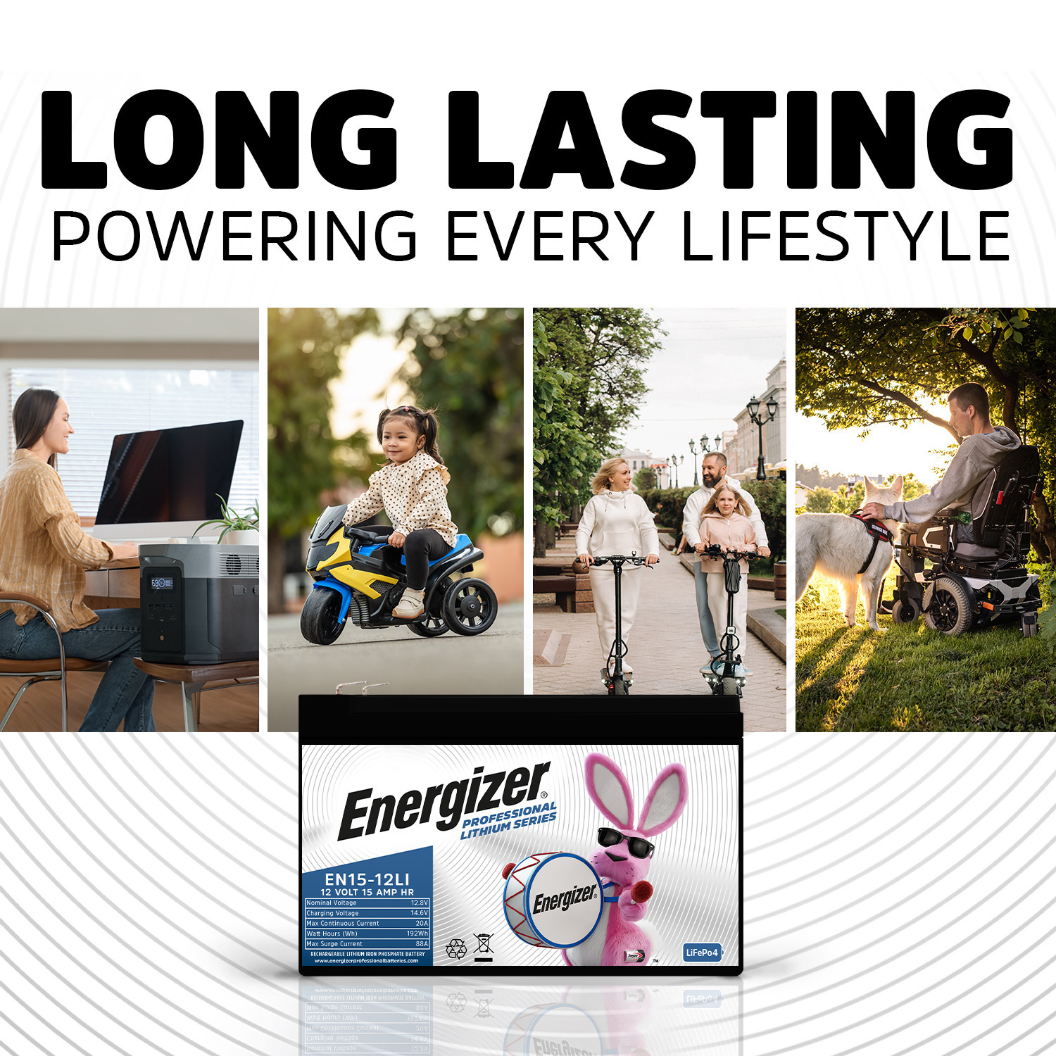 Energizer EN15-12LI 12V 15Ah LiFePO4 Lithium Long Lasting Lightweight, Rechargeable Battery with BMS Protection, Ideal For Use In Backup Power, Kids Ride On, Electric Scooters, Wheelchairs, and more 