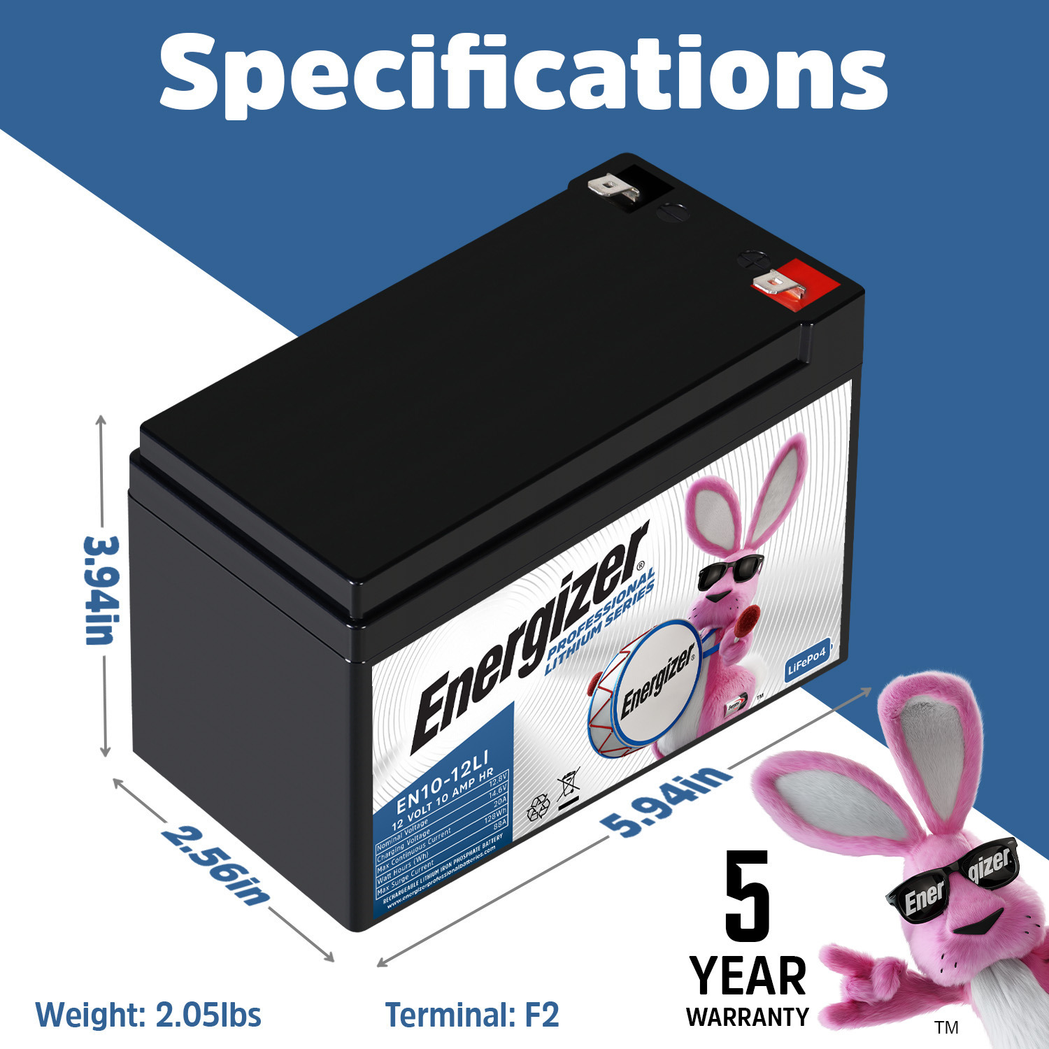 Energizer EN10-12LI 12V 10Ah LiFePO4 Lithium Long Lasting Lightweight, Rechargeable Battery with BMS Protection, Ideal For Use In Home alarm systems, backup power, Scooters, and more