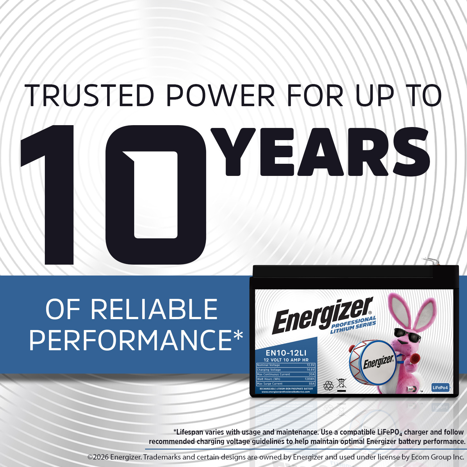 Energizer EN10-12LI 12V 10Ah LiFePO4 Lithium Long Lasting Lightweight, Rechargeable Battery with BMS Protection, Ideal For Use In Home alarm systems, backup power, Scooters, and more