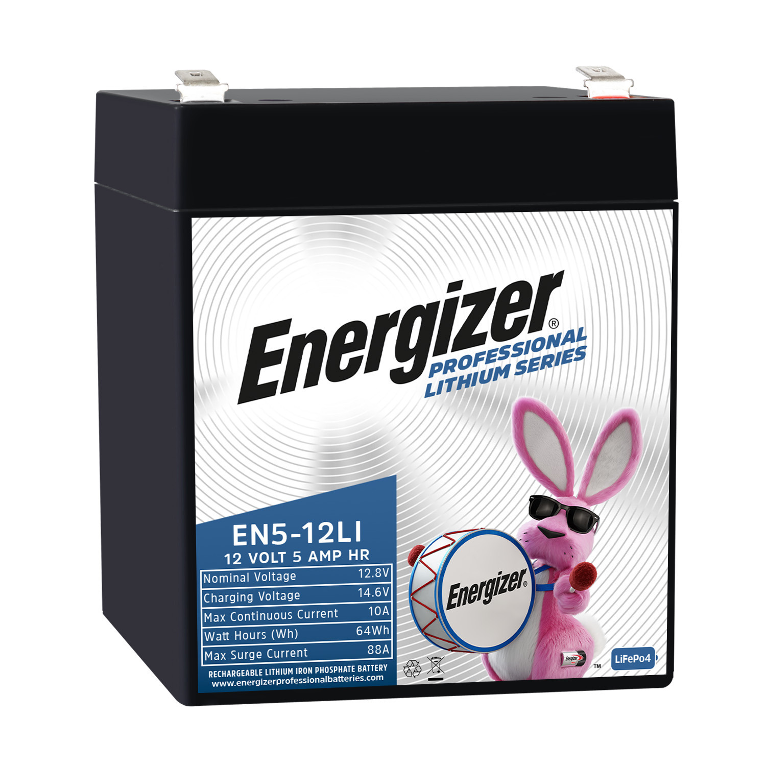 Energizer EN5-12LI 12V 5Ah LiFePO4 Lithium Long Lasting Lightweight, Rechargeable Battery with BMS Protection, Ideal For Use In Garage Door, Alarm Panels, Kids Ride On, Backup Power, and more