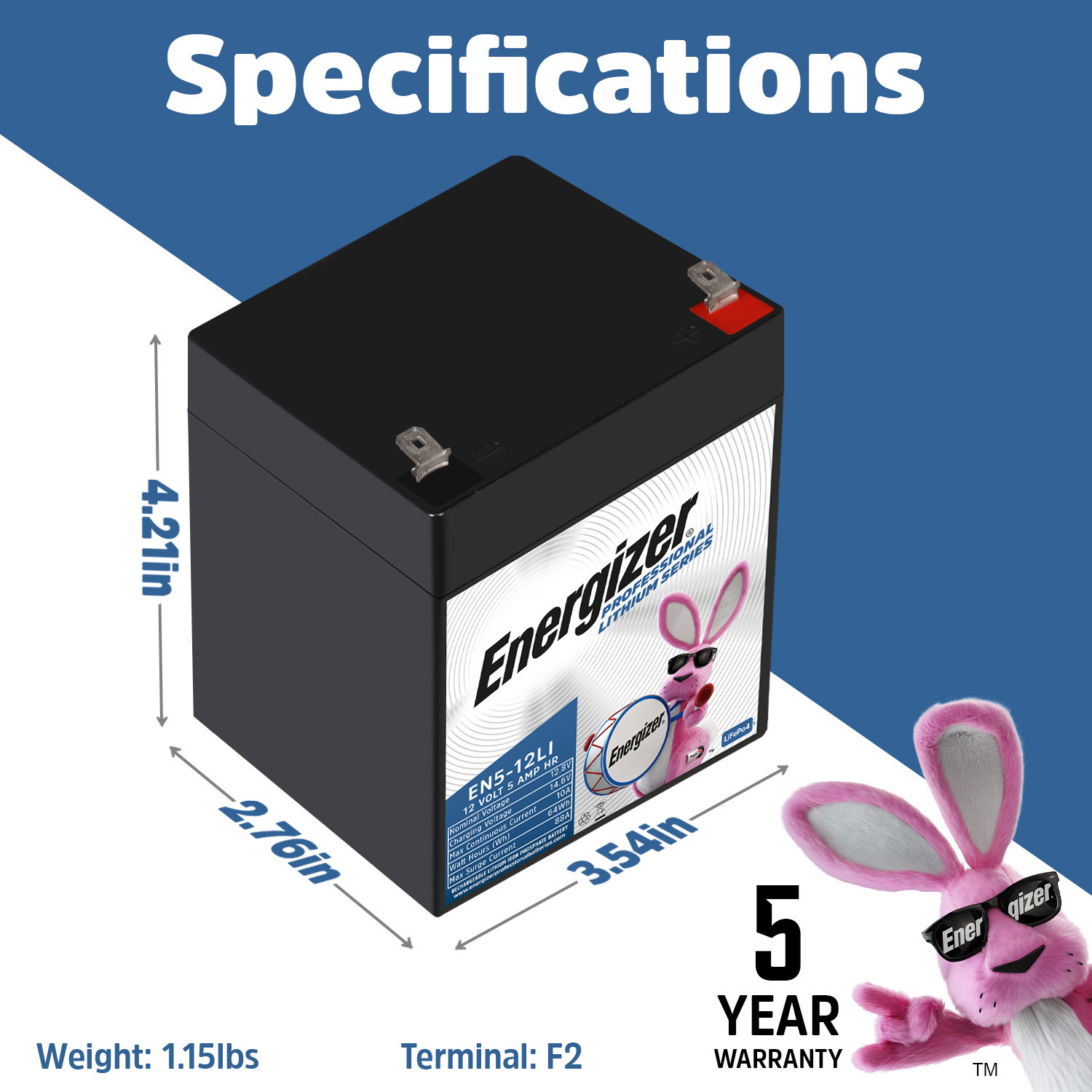 Energizer EN5-12LI 12V 5Ah LiFePO4 Lithium Long Lasting Lightweight, Rechargeable Battery with BMS Protection, Ideal For Use In Garage Door, Alarm Panels, Kids Ride On, Backup Power, and more