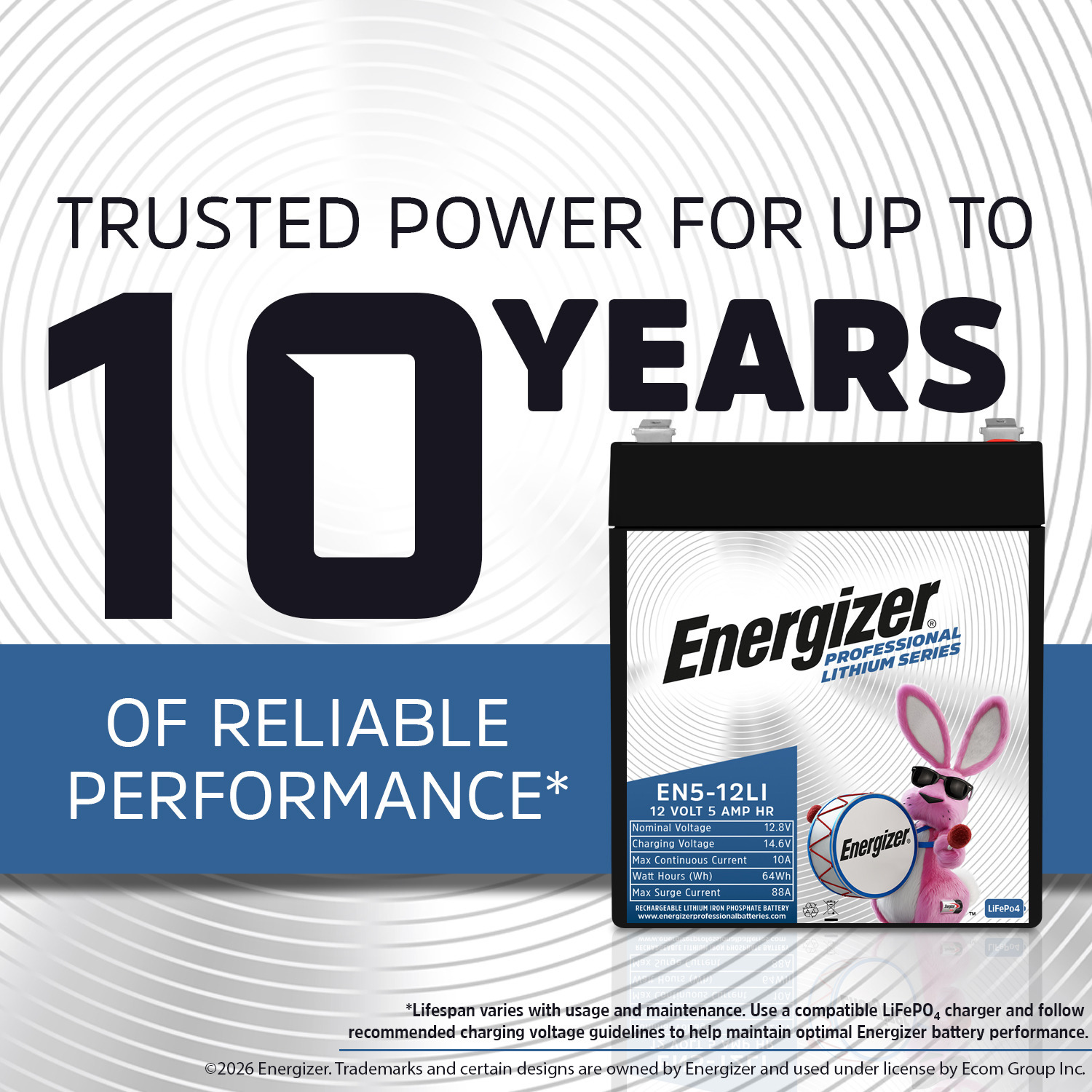 Energizer EN5-12LI 12V 5Ah LiFePO4 Lithium Long Lasting Lightweight, Rechargeable Battery with BMS Protection, Ideal For Use In Garage Door, Alarm Panels, Kids Ride On, Backup Power, and more