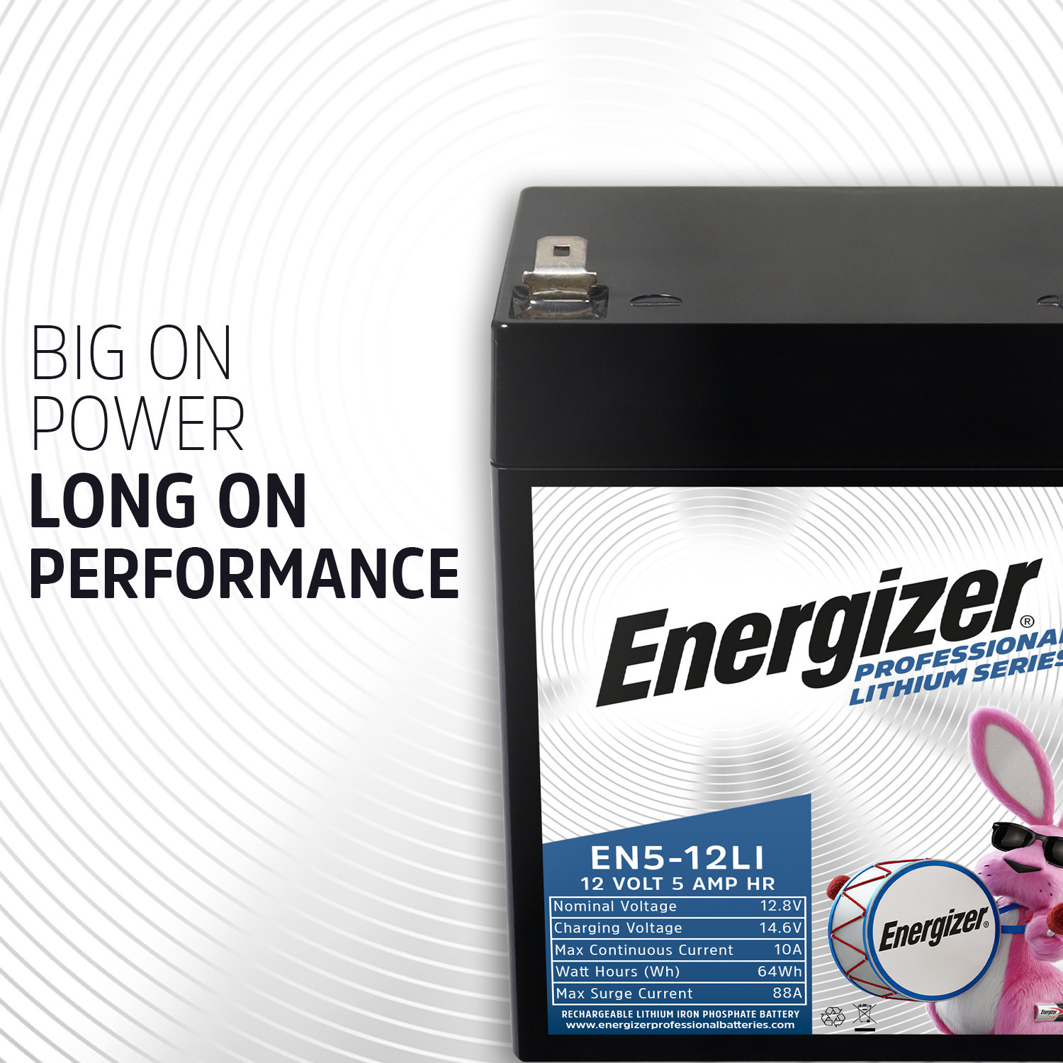 Energizer EN5-12LI 12V 5Ah LiFePO4 Lithium Long Lasting Lightweight, Rechargeable Battery with BMS Protection, Ideal For Use In Garage Door, Alarm Panels, Kids Ride On, Backup Power, and more