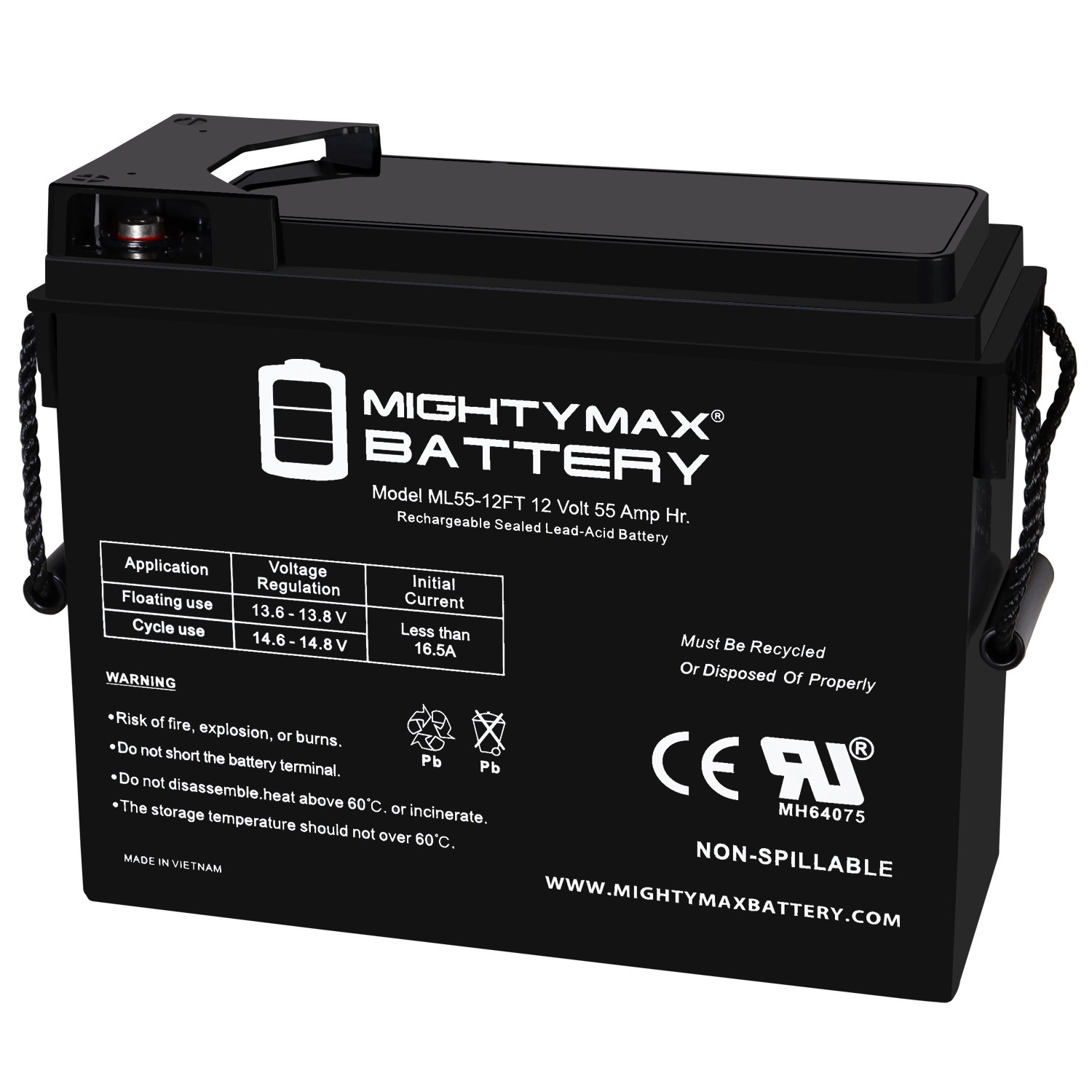 ML55-12FT - 12 Volt 55 AH, Front Terminal, Rechargeable SLA AGM Battery