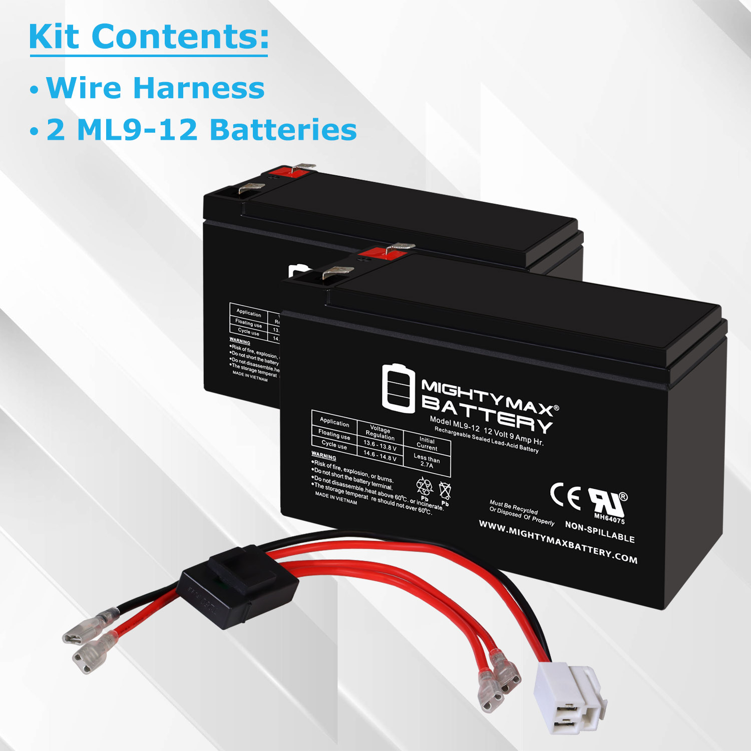 Extended Range Drop in Replacement for 12v Razor Scooter ride on toy 9ah battery kit and harness