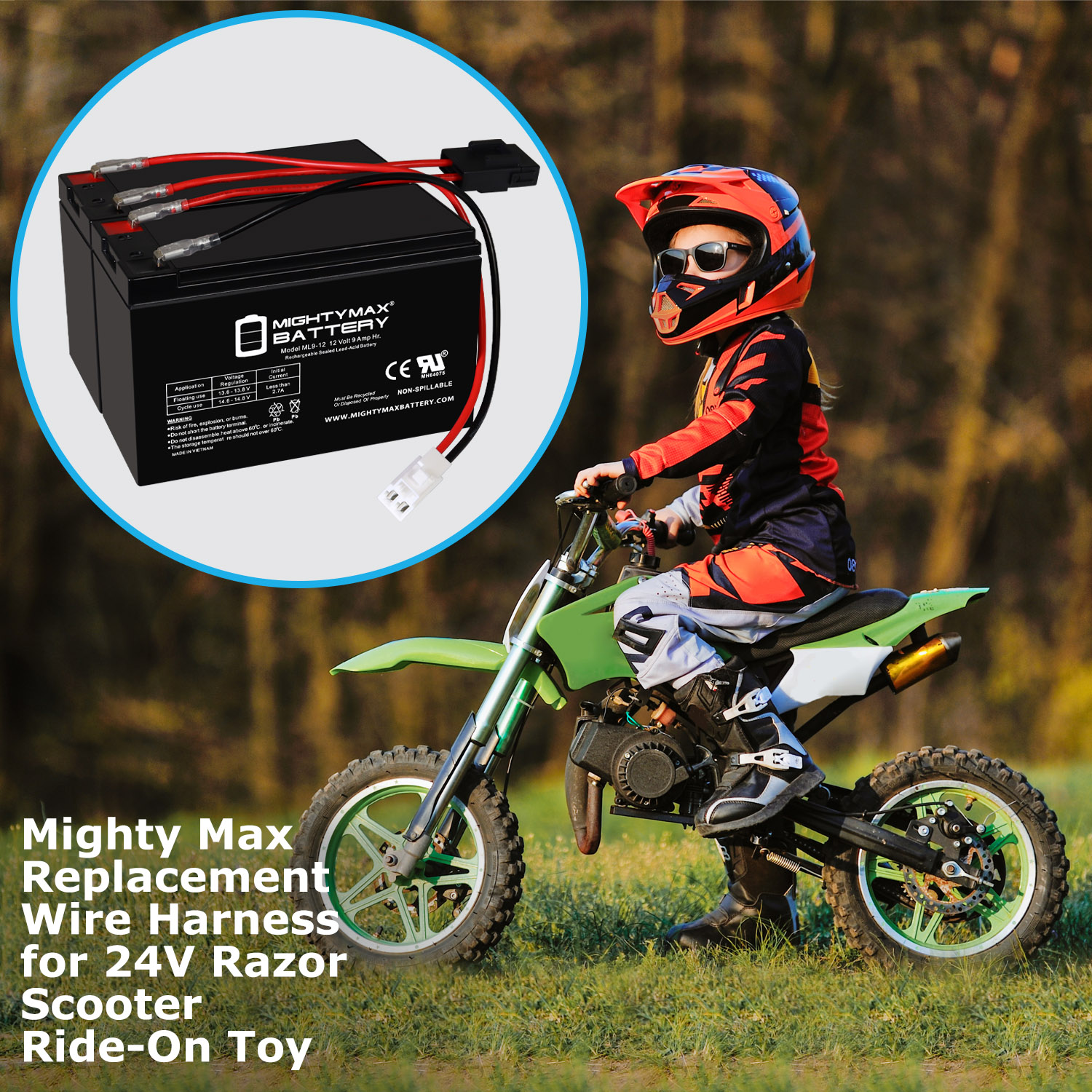 Extended Range Drop in Replacement for 12v Razor Scooter ride on toy 9ah battery kit and harness