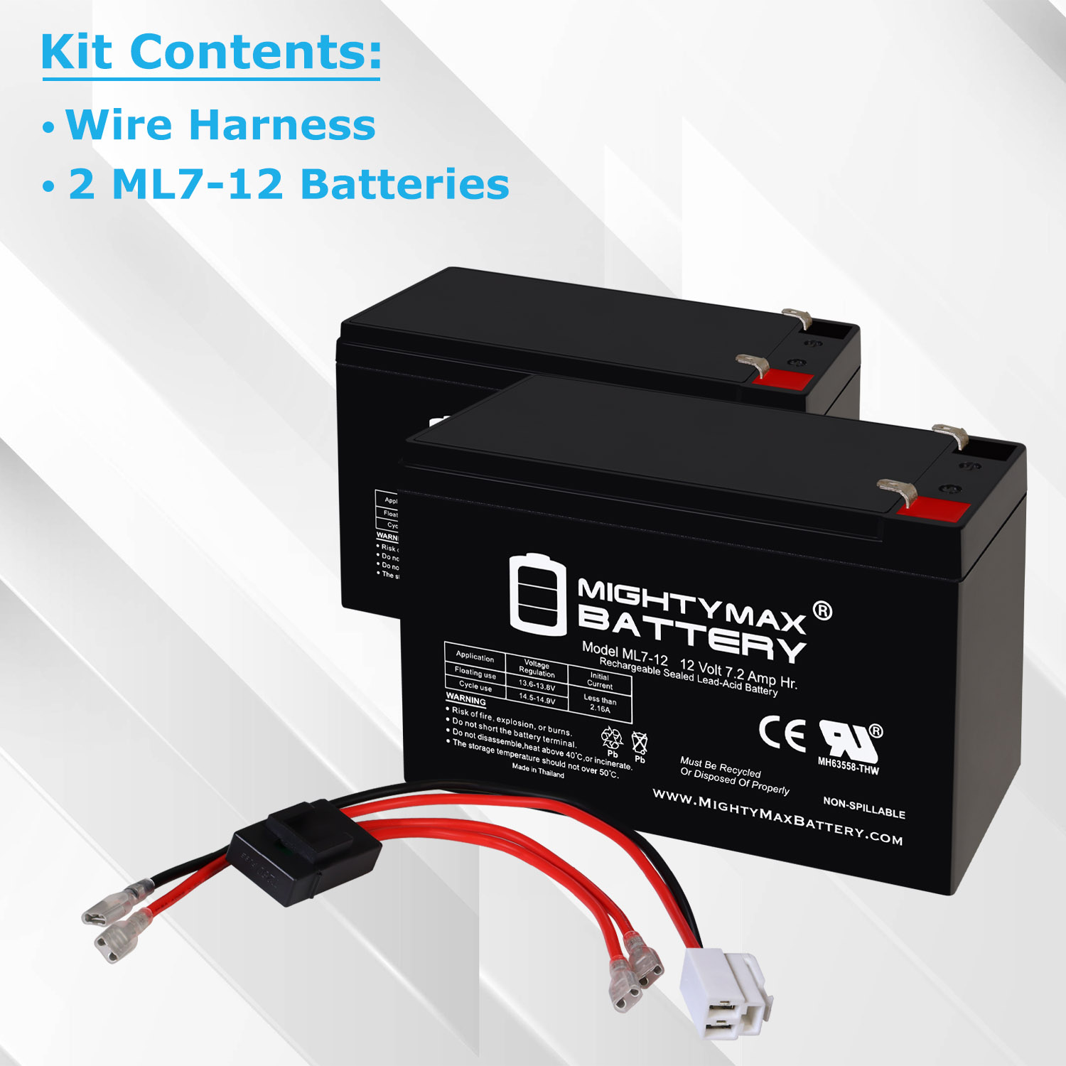 Extended Range Drop in Replacement for 12v Razor Scooter ride on toy 7ah battery kit and harness