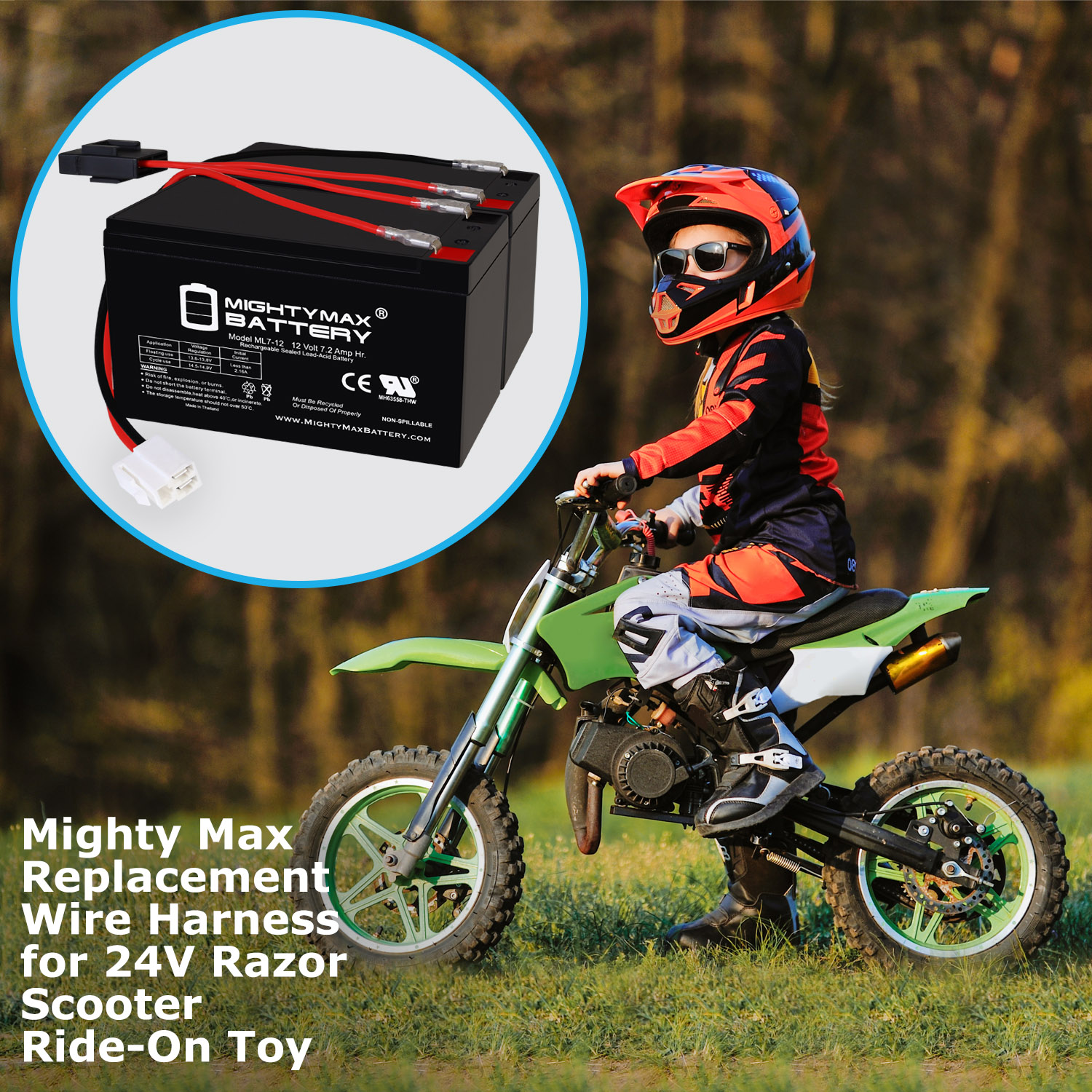 Extended Range Drop in Replacement for 12v Razor Scooter ride on toy 7ah battery kit and harness