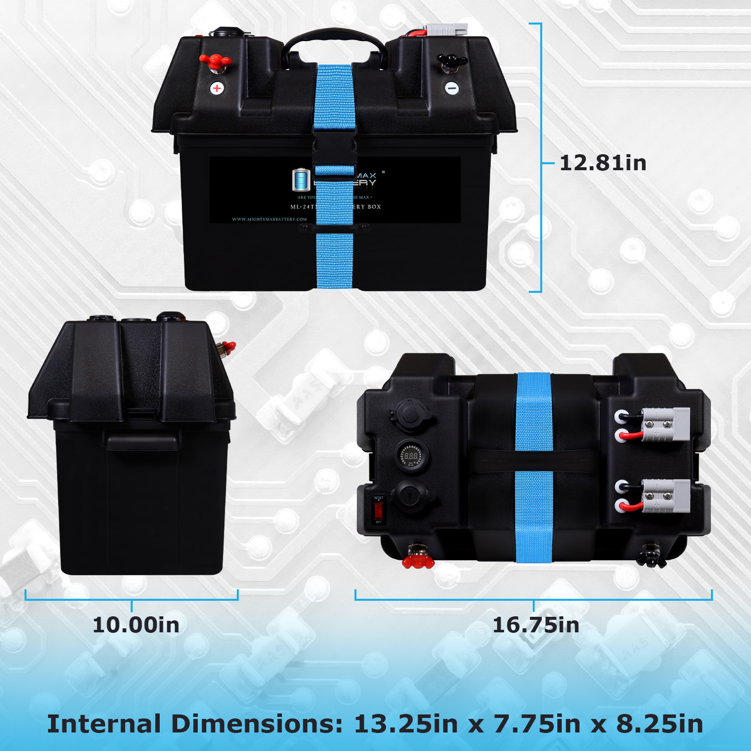 12V 100Ah Lithium Battery with Trolling Motor Smart Battery Box Power Center for 12V Batteries Group 24, 27, 31 Marine Battery box with Dual USB, 12V DC Outlet, Voltmeter and Circuit Breaker