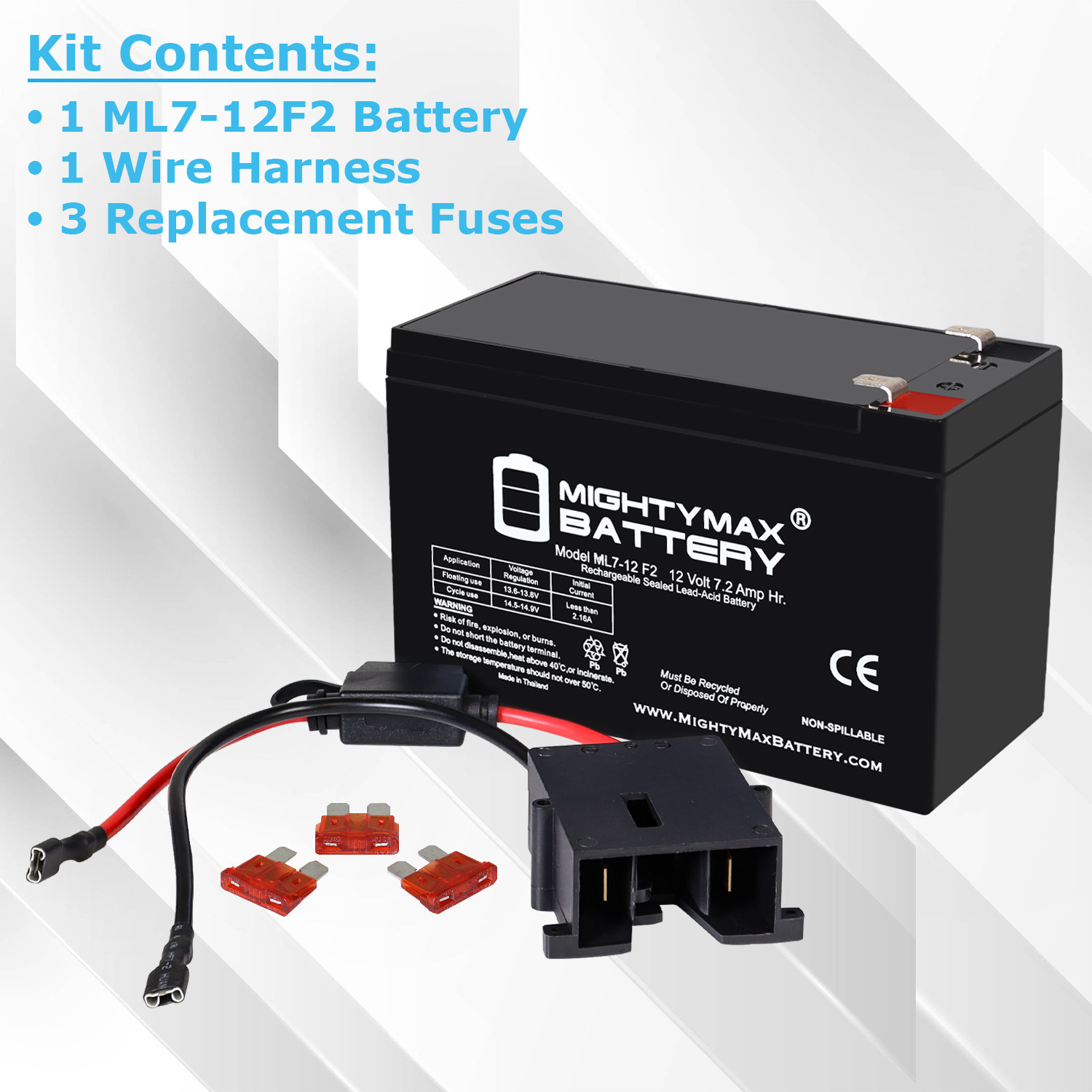 Drop in Replacement for 12v power wheels ride on toy 7ah battery kit and harness