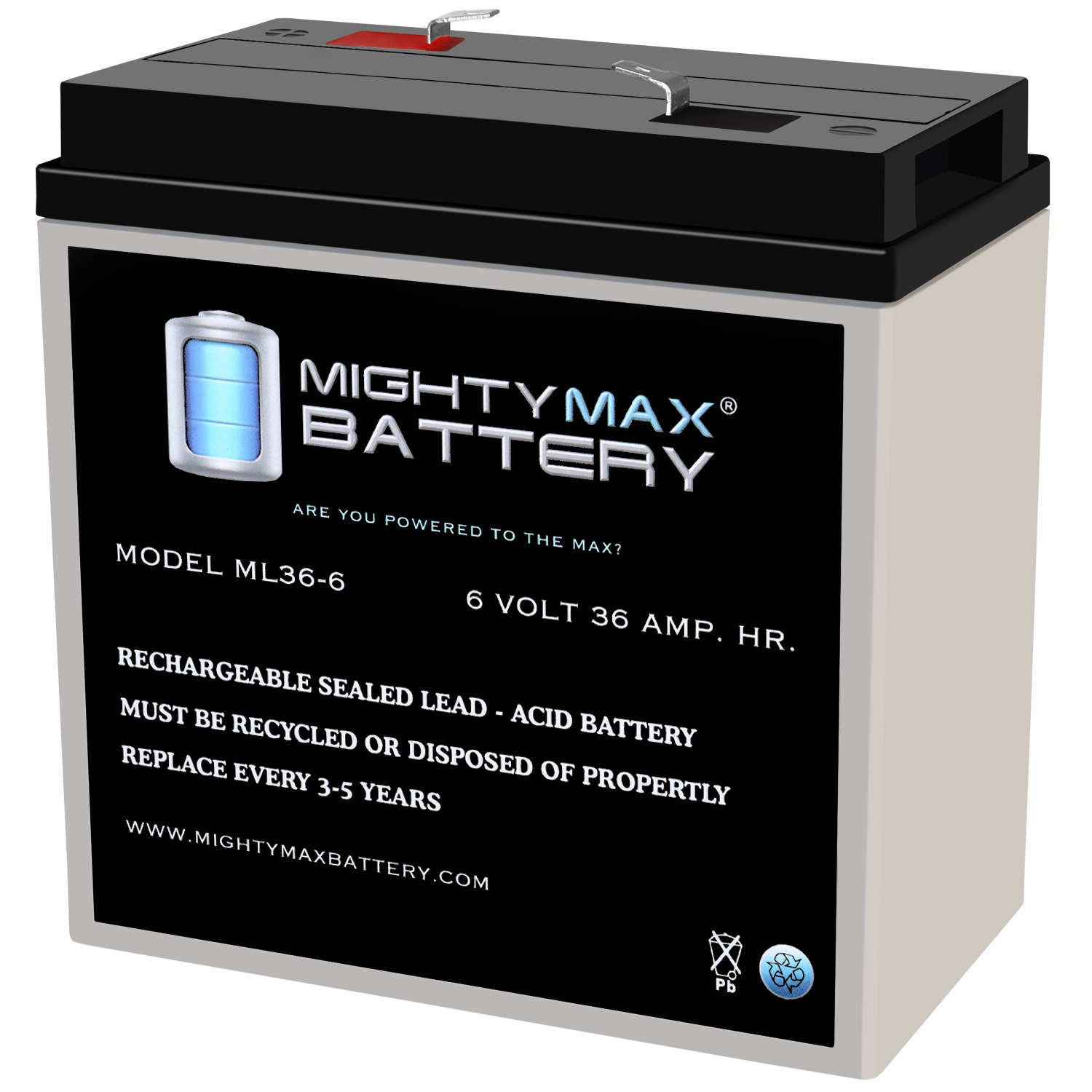 ML36-6 - 6 Volt 36 AH, F2 Terminal, Rechargeable SLA AGM Battery	