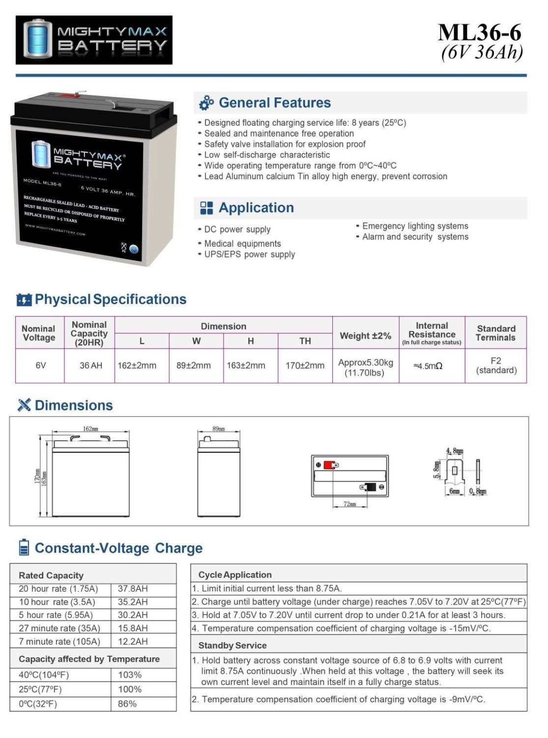 ML36-6 - 6 Volt 36 AH, F2 Terminal, Rechargeable SLA AGM Battery	