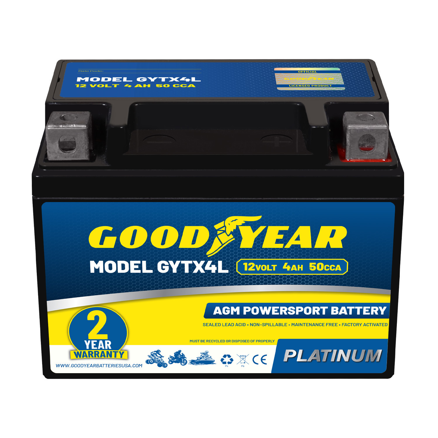 Goodyear GYTX4L - 12 Volt 4 AH, 50 CCA, Rechargeable High-Performance, Maintenance Free, SLA - AGM Battery for Motorcycle, ATV, UTV, 4-Wheeler, Snowmobile, Watercraft and more!