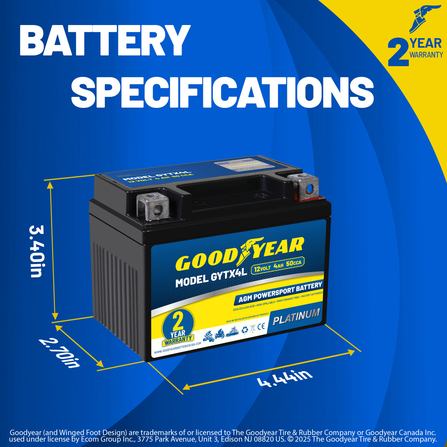 Goodyear GYTX4L - 12 Volt 4 AH, 50 CCA, Rechargeable High-Performance, Maintenance Free, SLA - AGM Battery for Motorcycle, ATV, UTV, 4-Wheeler, Snowmobile, Watercraft and more!