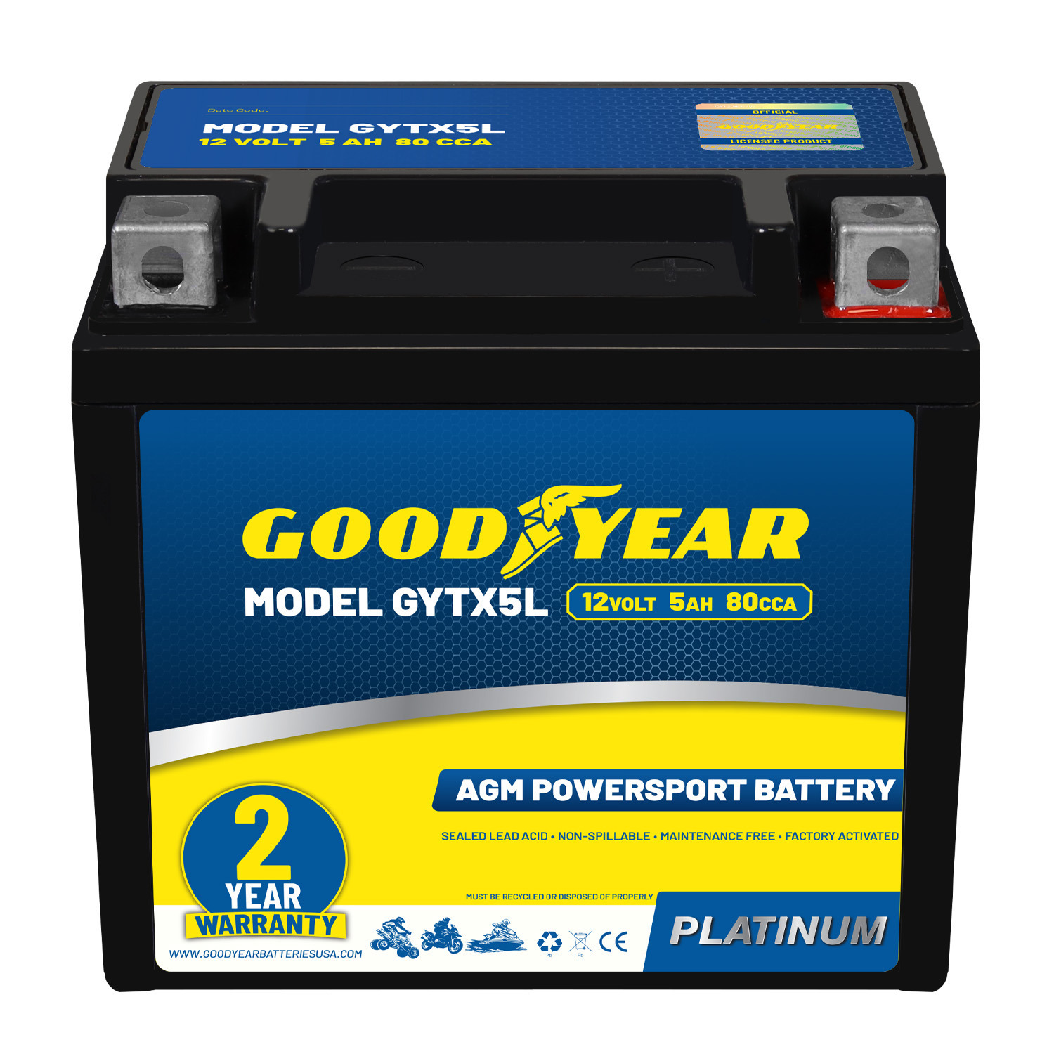 Goodyear GYTX5L - 12 Volt 5 AH, 80 CCA, Rechargeable High-Performance, Maintenance Free, SLA - AGM Battery for Motorcycle, ATV, UTV, 4-Wheeler, Snowmobile, Watercraft and more!