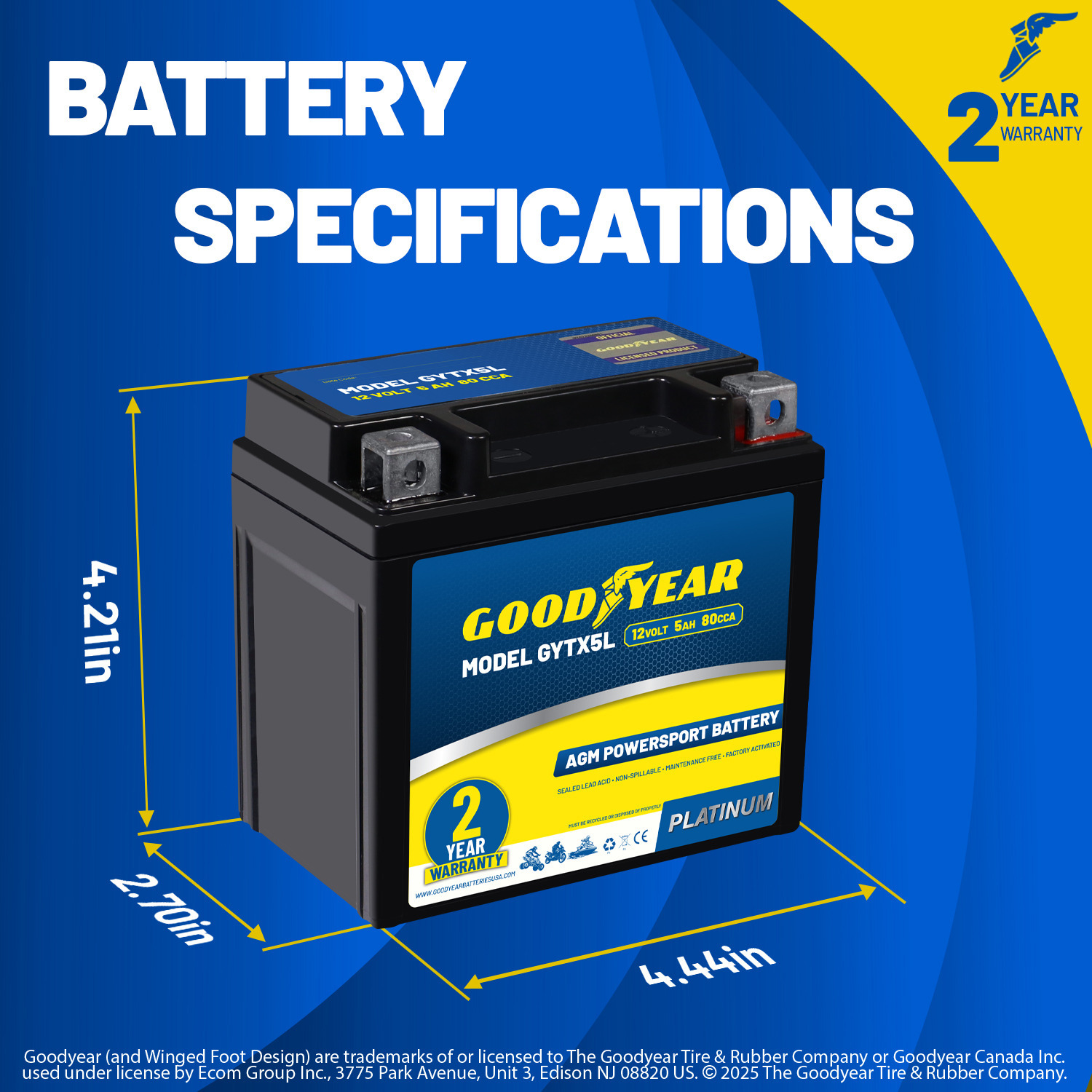 Goodyear GYTX5L - 12 Volt 5 AH, 80 CCA, Rechargeable High-Performance, Maintenance Free, SLA - AGM Battery for Motorcycle, ATV, UTV, 4-Wheeler, Snowmobile, Watercraft and more!