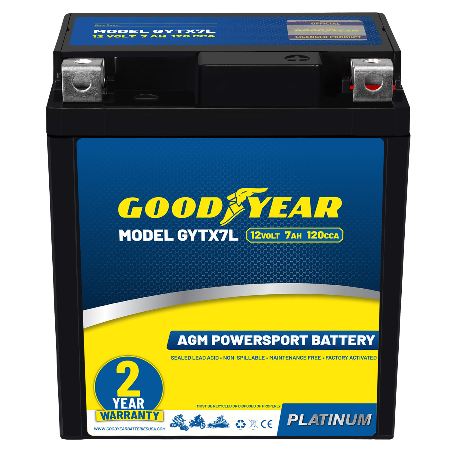 Goodyear GYTX7L - 12 Volt 7 AH, 120 CCA, Rechargeable High-Performance, Maintenance Free, SLA - AGM Battery for Motorcycle, ATV, UTV, 4-Wheeler, Snowmobile, Watercraft and more!