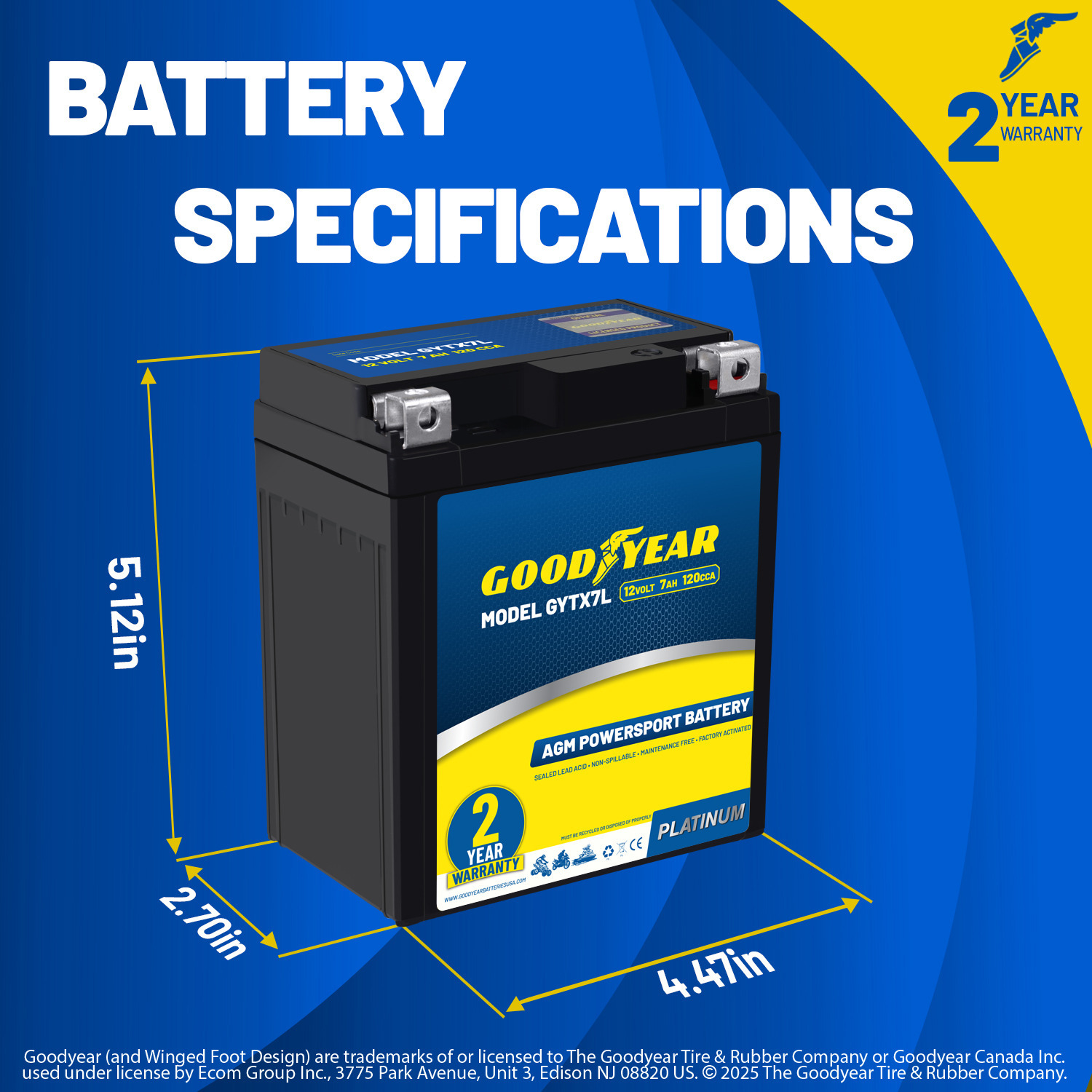 Goodyear GYTX7L - 12 Volt 7 AH, 120 CCA, Rechargeable High-Performance, Maintenance Free, SLA - AGM Battery for Motorcycle, ATV, UTV, 4-Wheeler, Snowmobile, Watercraft and more!
