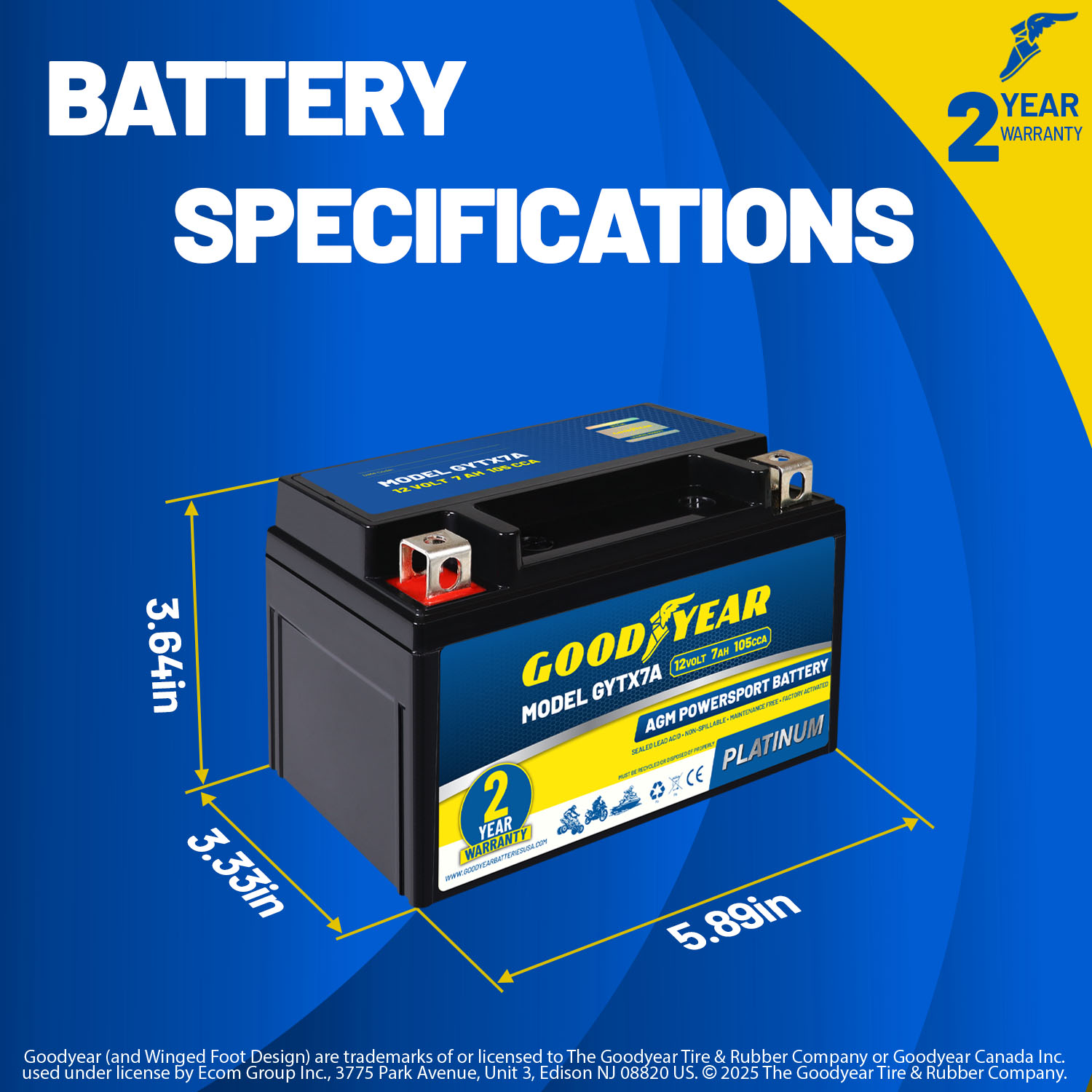 Goodyear GYTX7A -12 Volt 7 AH, 105 CCA, Rechargeable High-Performance, Maintenance Free, SLA - AGM Battery for Motorcycle, ATV, UTV, 4-Wheeler, Snowmobile, Watercraft and more!
