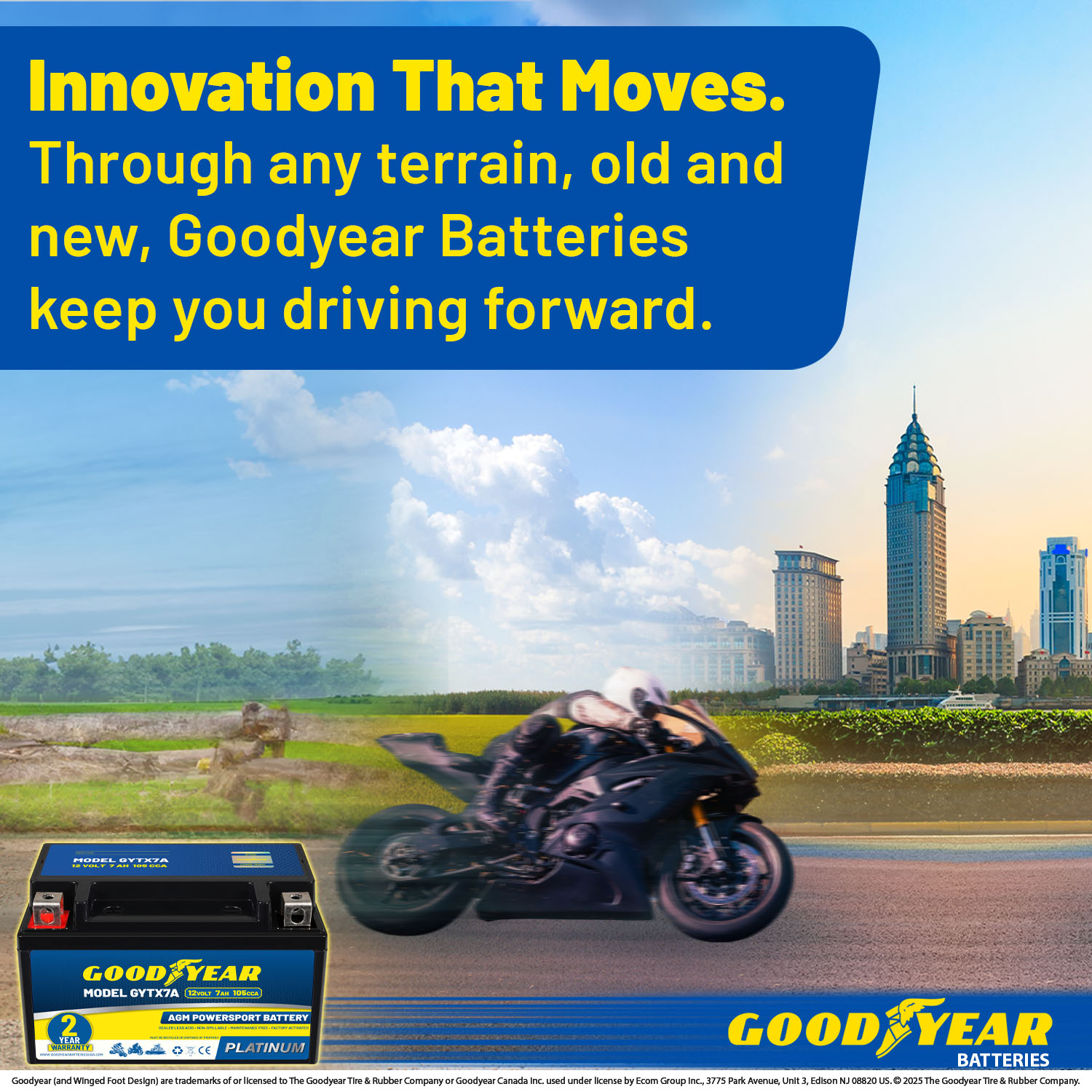 Goodyear GYTX7A -12 Volt 7 AH, 105 CCA, Rechargeable High-Performance, Maintenance Free, SLA - AGM Battery for Motorcycle, ATV, UTV, 4-Wheeler, Snowmobile, Watercraft and more!