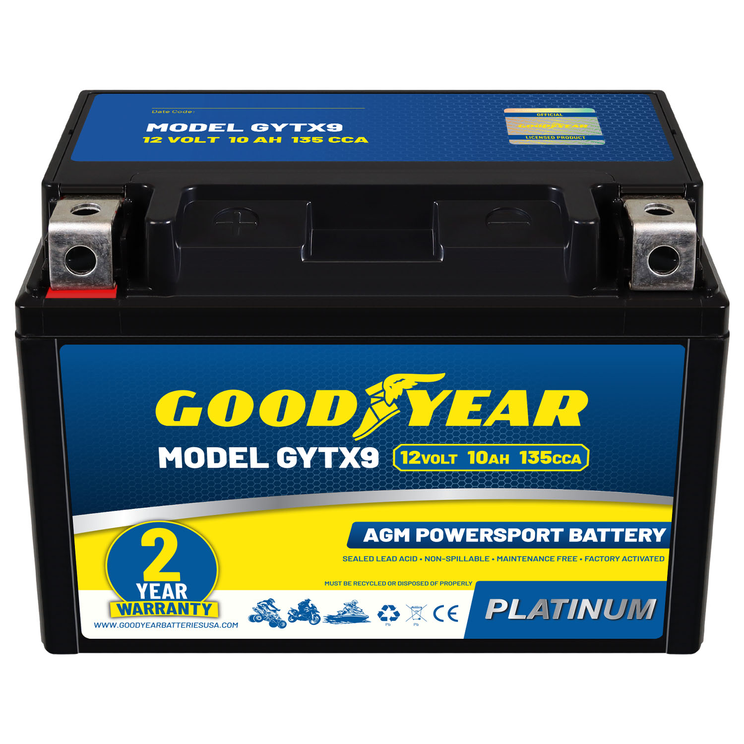 Goodyear GYTX9 - 12 Volt 10 AH, 135 CCA, Rechargeable High-Performance, Maintenance Free, SLA - AGM Battery for Motorcycle, ATV, UTV, 4-Wheeler, Snowmobile, Watercraft and more!